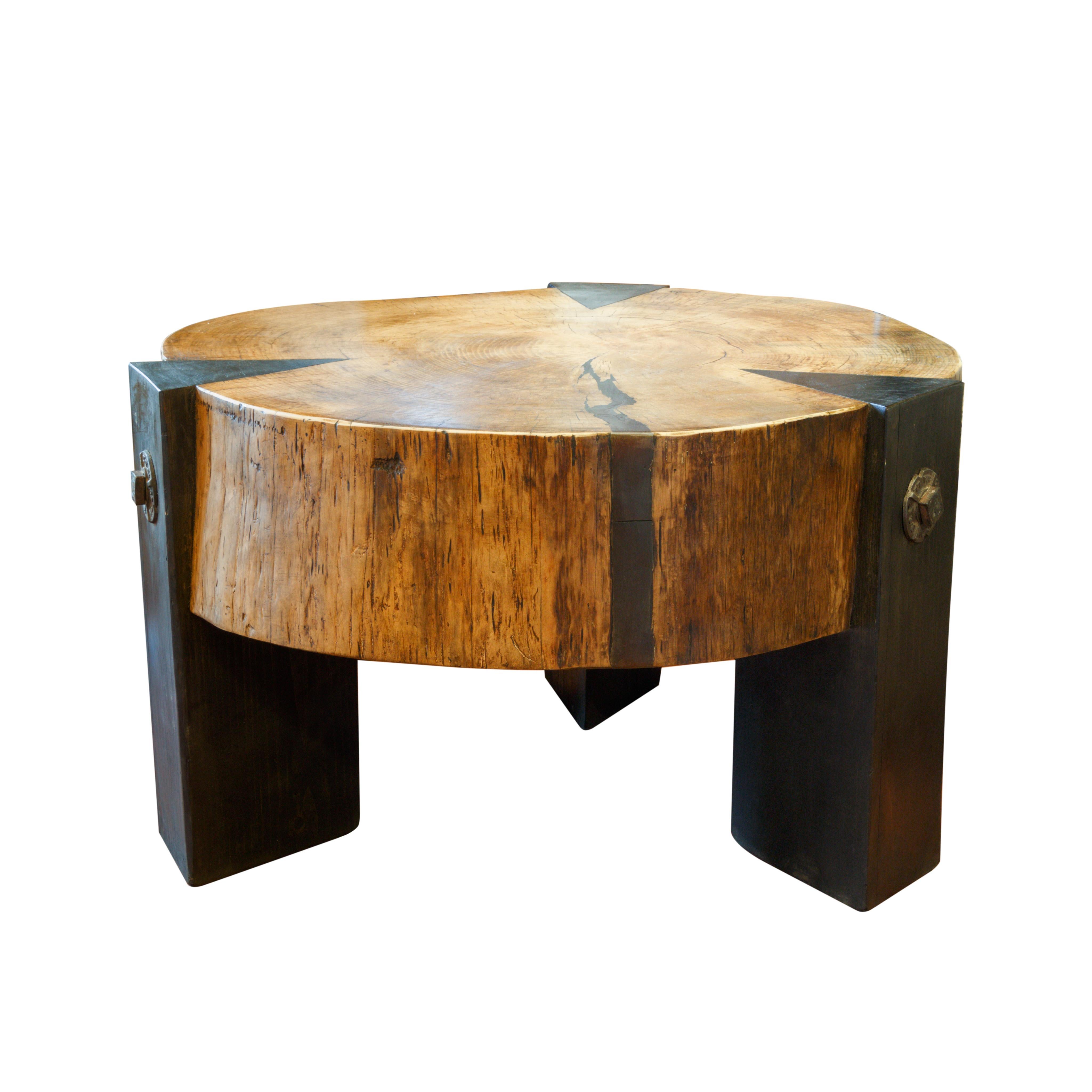 Made from a 100-year old pine round. Triangle legs from reclaimed mining beams attached with heavy wrought iron bolt.

Period: Contemporary

Origin: Cisco's, Idaho

Size: 24