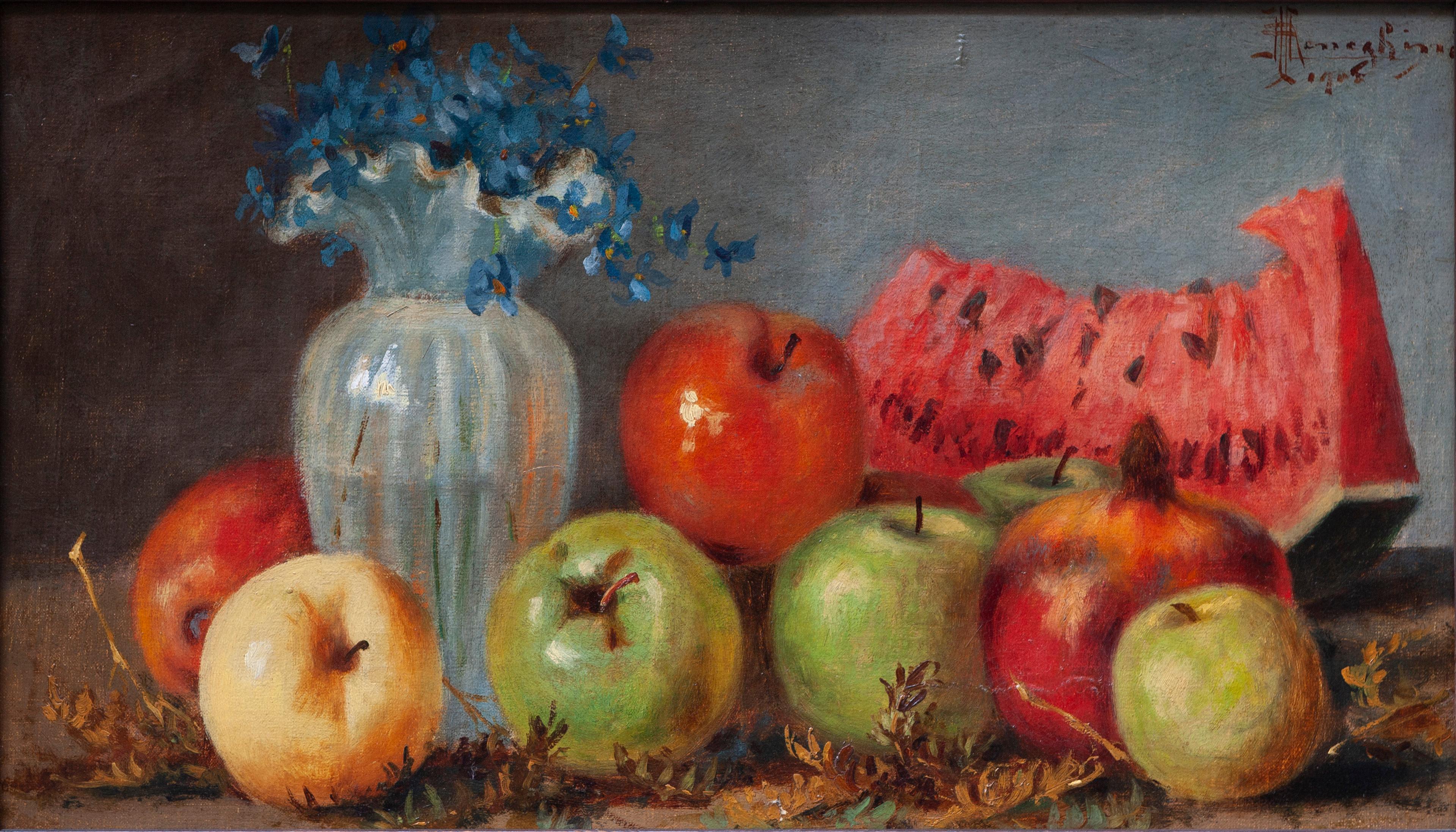 Still life with watermelon, apples and vase of flowers - Painting by Ruggero Meneghini