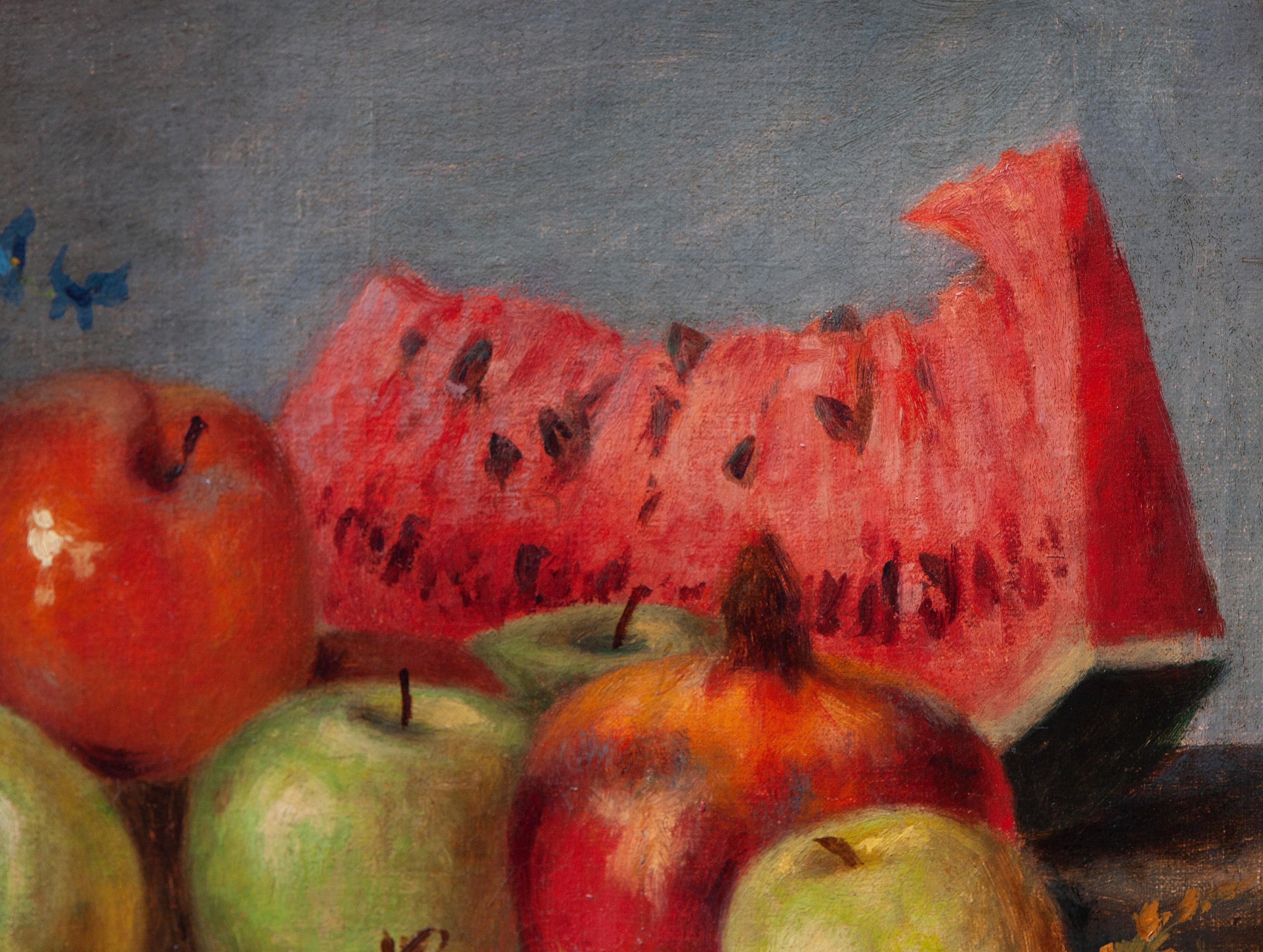Still life with watermelon, apples and vase of flowers - Black Still-Life Painting by Ruggero Meneghini
