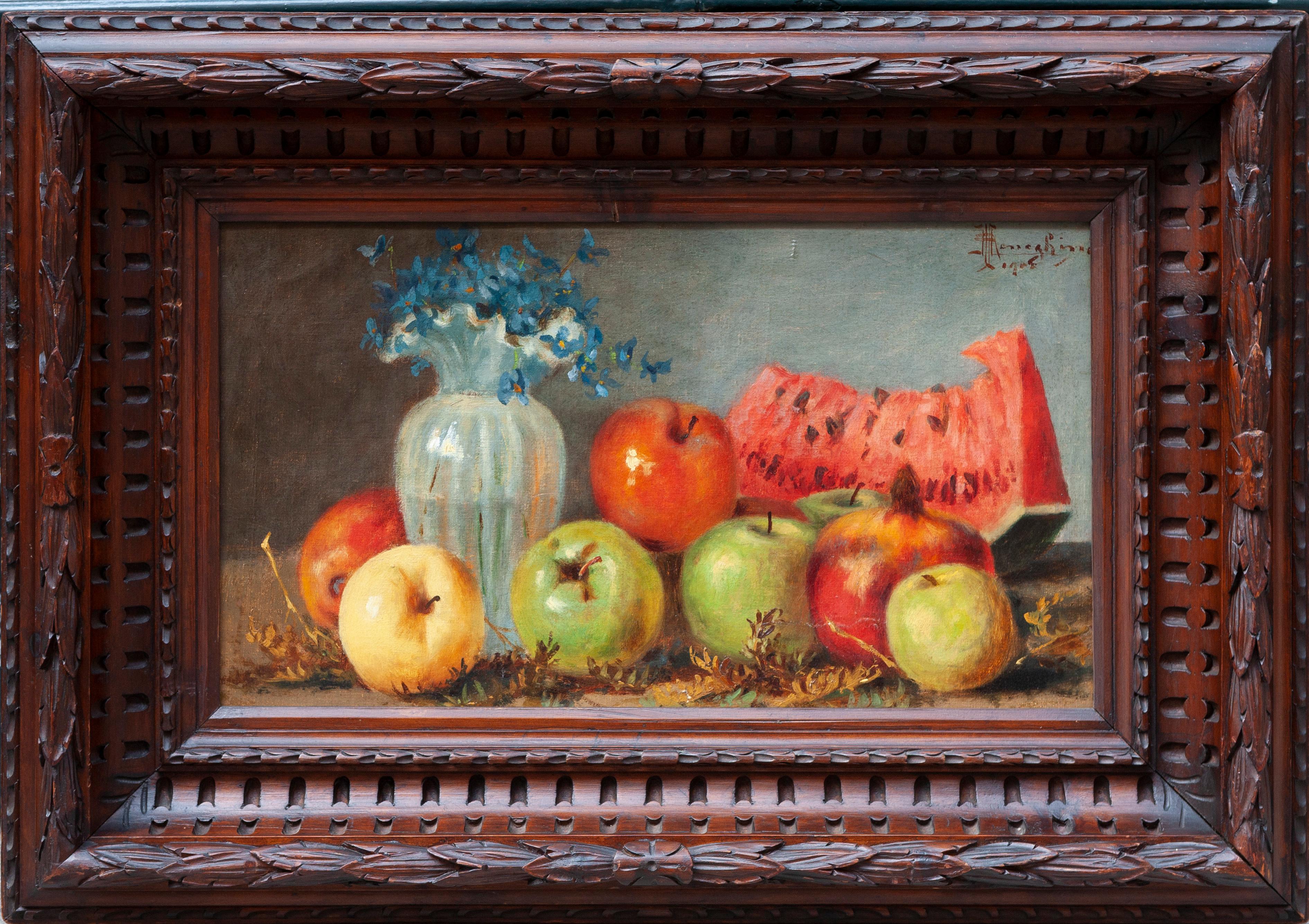 Ruggero Meneghini Still-Life Painting – Stilleben mit Wassermelone, Äpfeln und Blumenvase