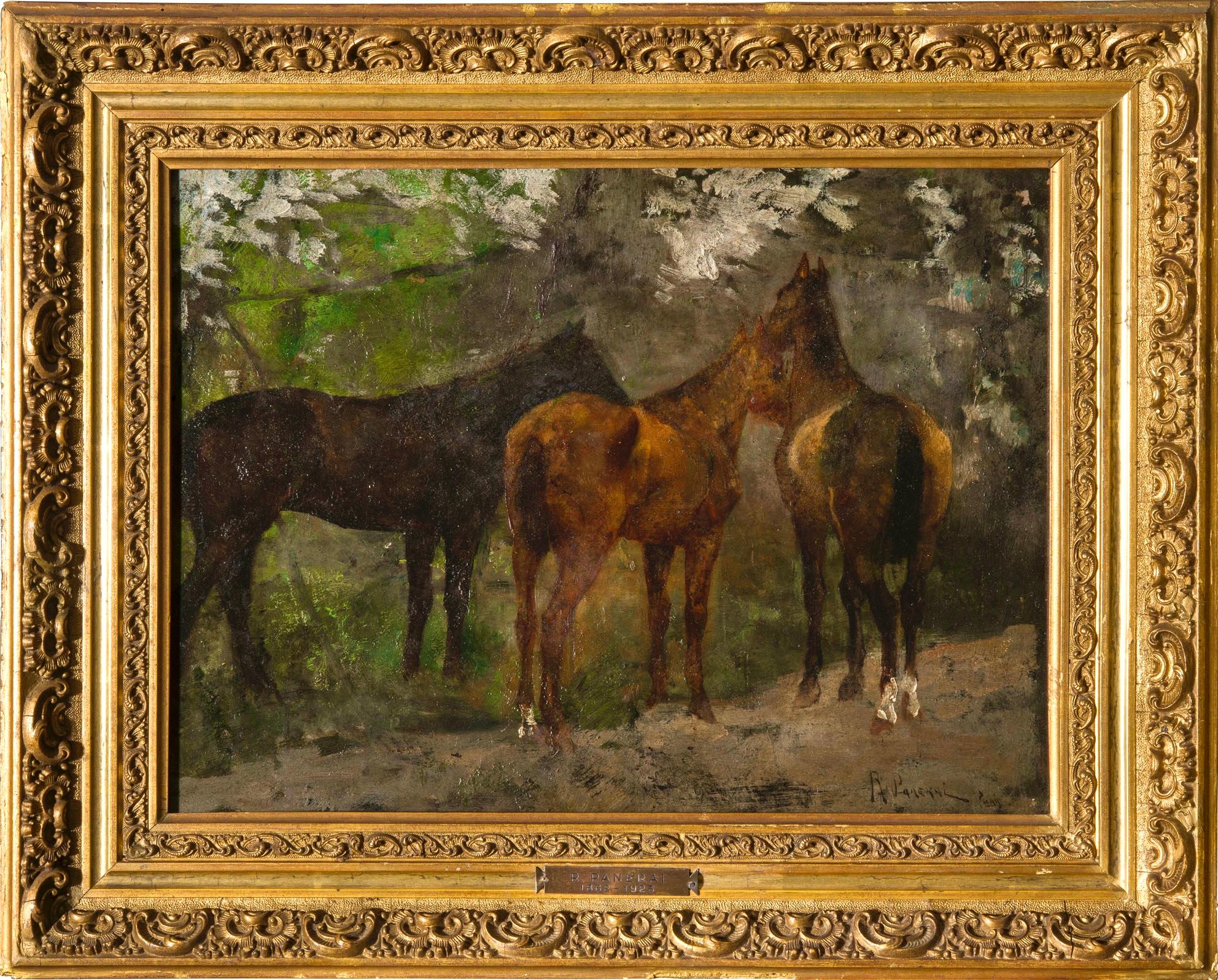 An important oil on panel painting by the great Tuscan artist Ruggero Panerai.
It depicts one of his favourite and most successful subjects, wild horses portrayed in a natural pose of rare intensity and elegance.
This subject, one of the Macchiaioli