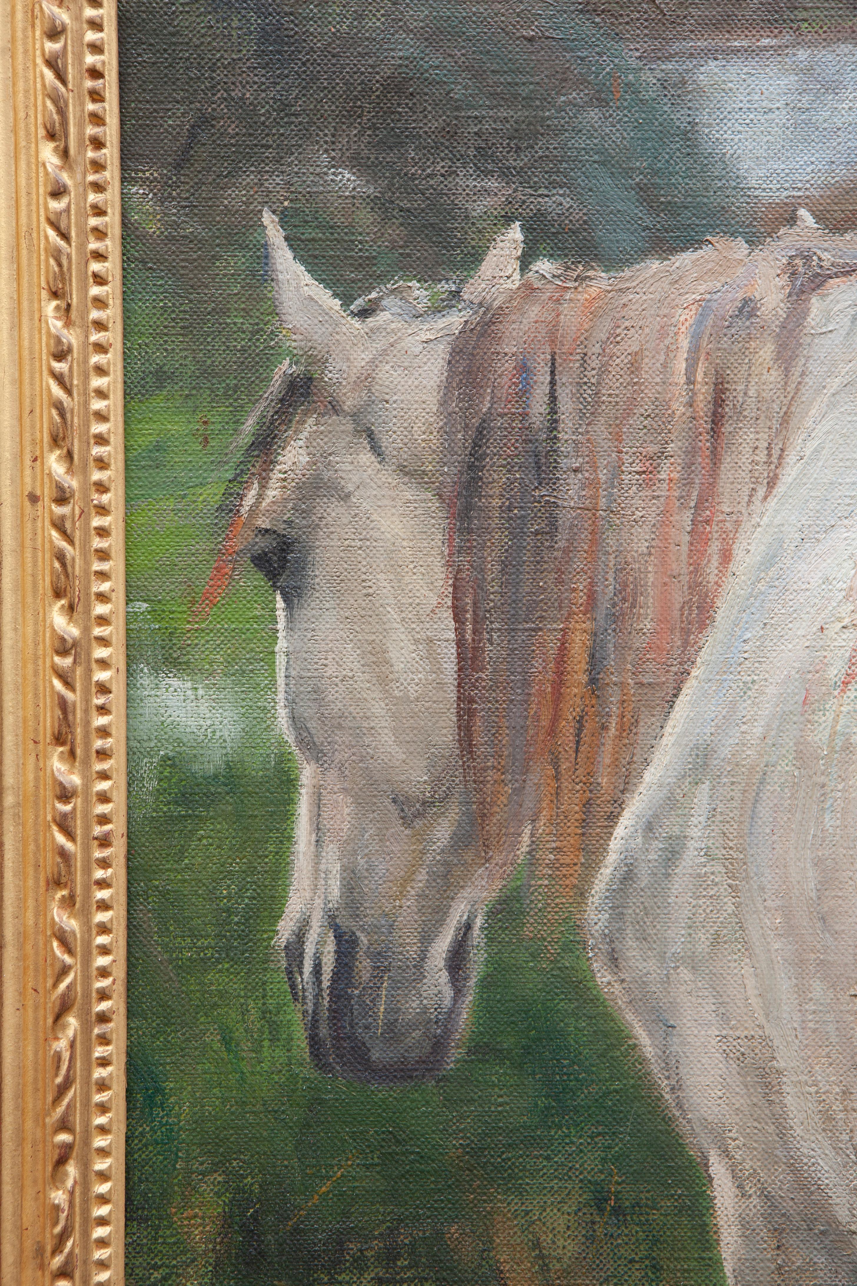 Grazing Horse - Brown Animal Painting by Ruggero Panerai (Firenze 1862-1923)