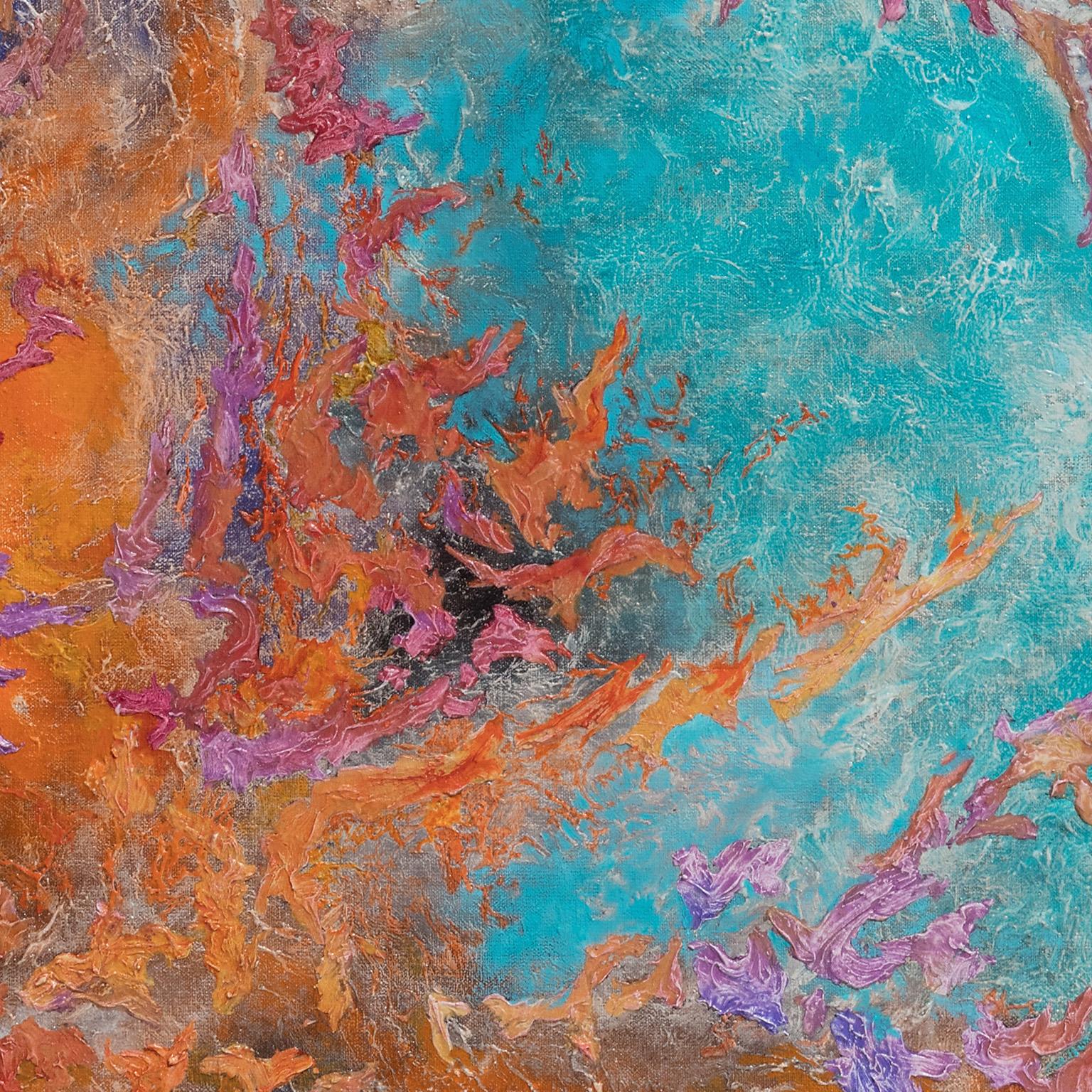 Battle of Colors, peinture expressionniste abstraite, orange, turquoise, violet - Painting de Ruggero Vanni