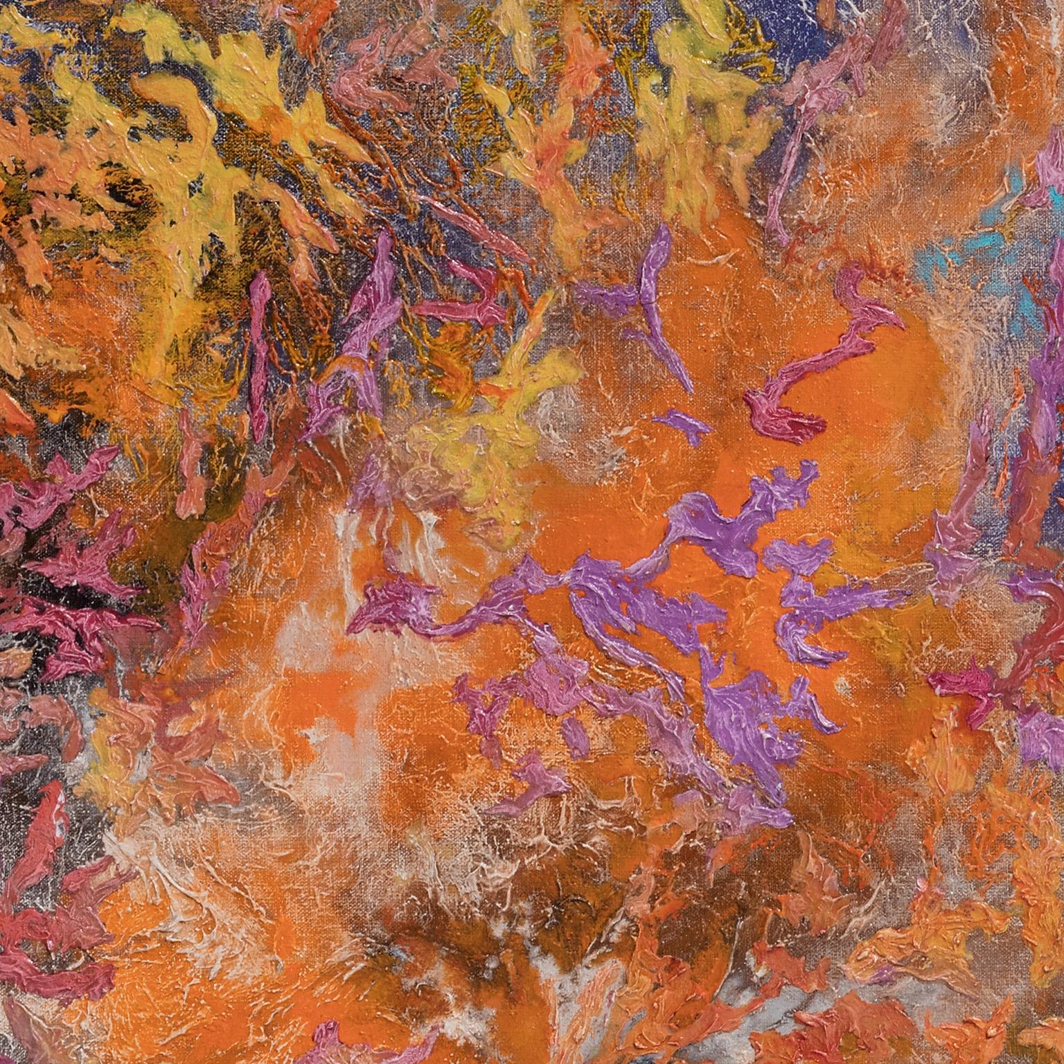 Battle of Colors, peinture expressionniste abstraite, orange, turquoise, violet - Gris Abstract Painting par Ruggero Vanni
