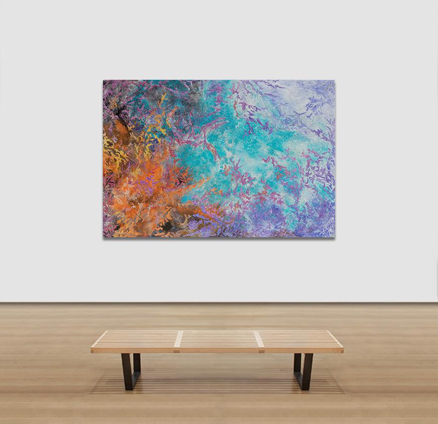 Battle of Colors - Abstract Expressionist Painting, Orange, Turquoise, Purple For Sale 6
