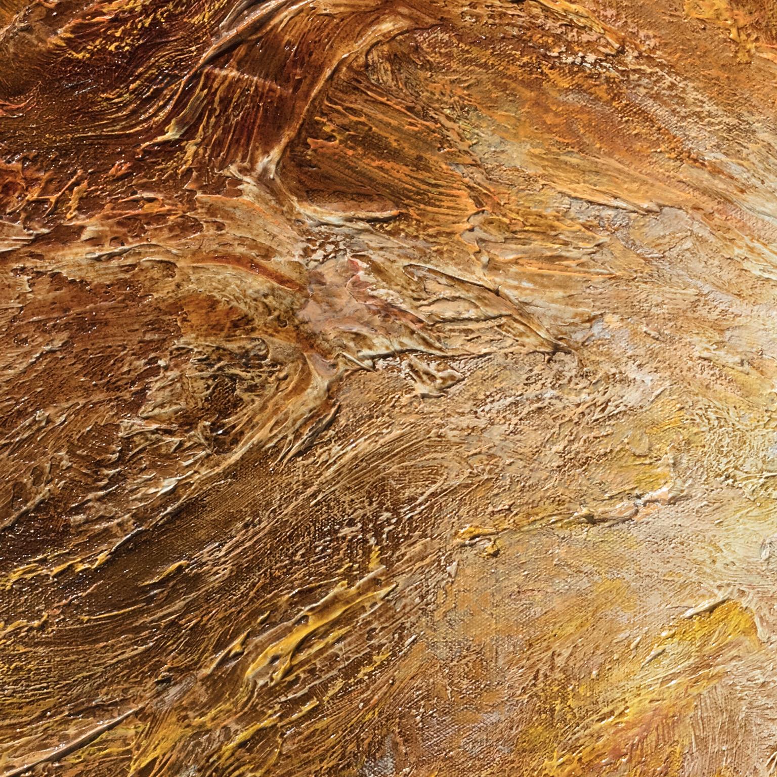 Birth of Light - Abstract Gestural Oil Painting with Orange and Yellow Colors - Brown Landscape Painting by Ruggero Vanni