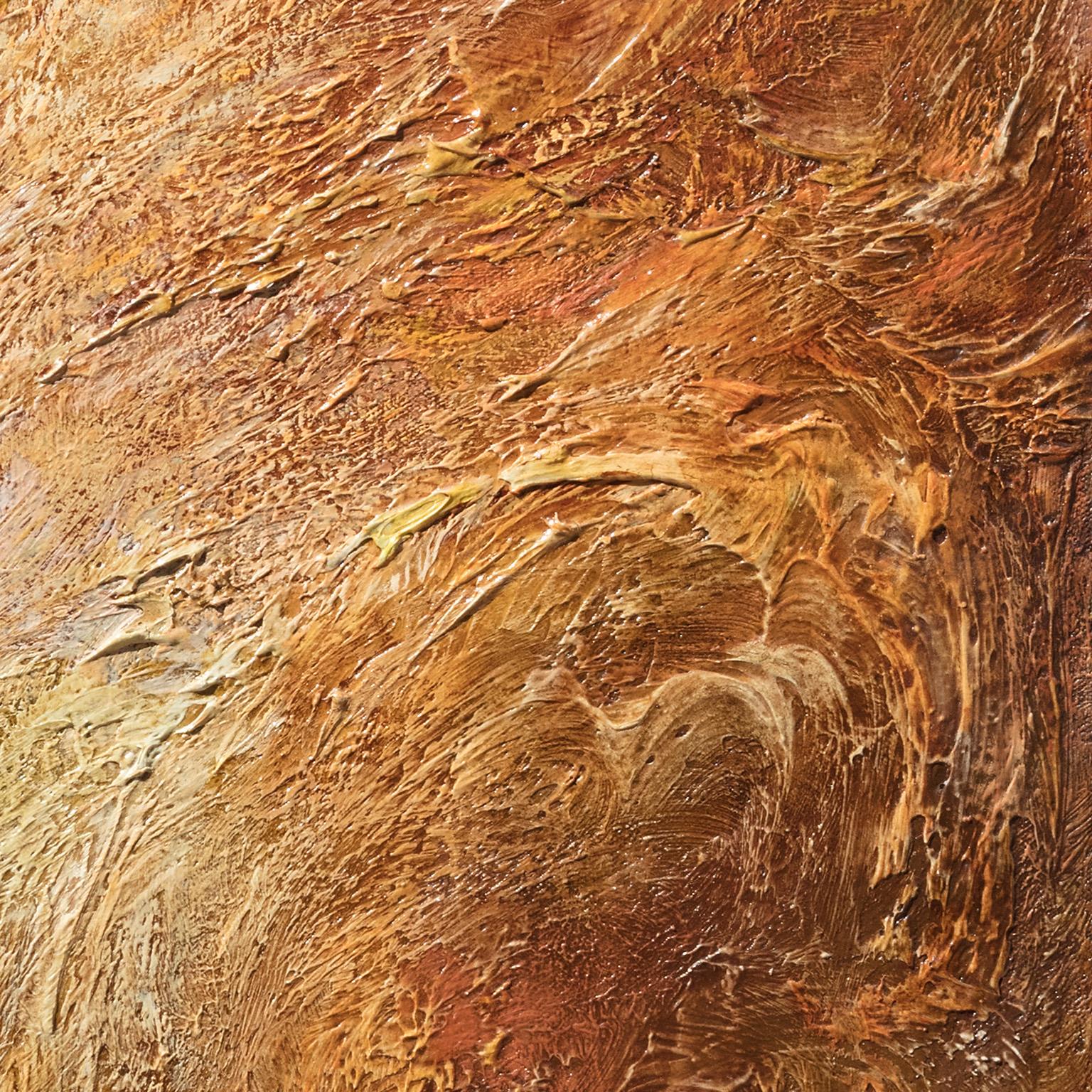 Ruggero Vanni's Birth of Light is a 60 x 48 inch abstract gestural oil painting. It is an abstract landscape of vigorous brushstrokes and light, with a strong luminous central focus. The main colors are orange, yellow, and rust. There are clear