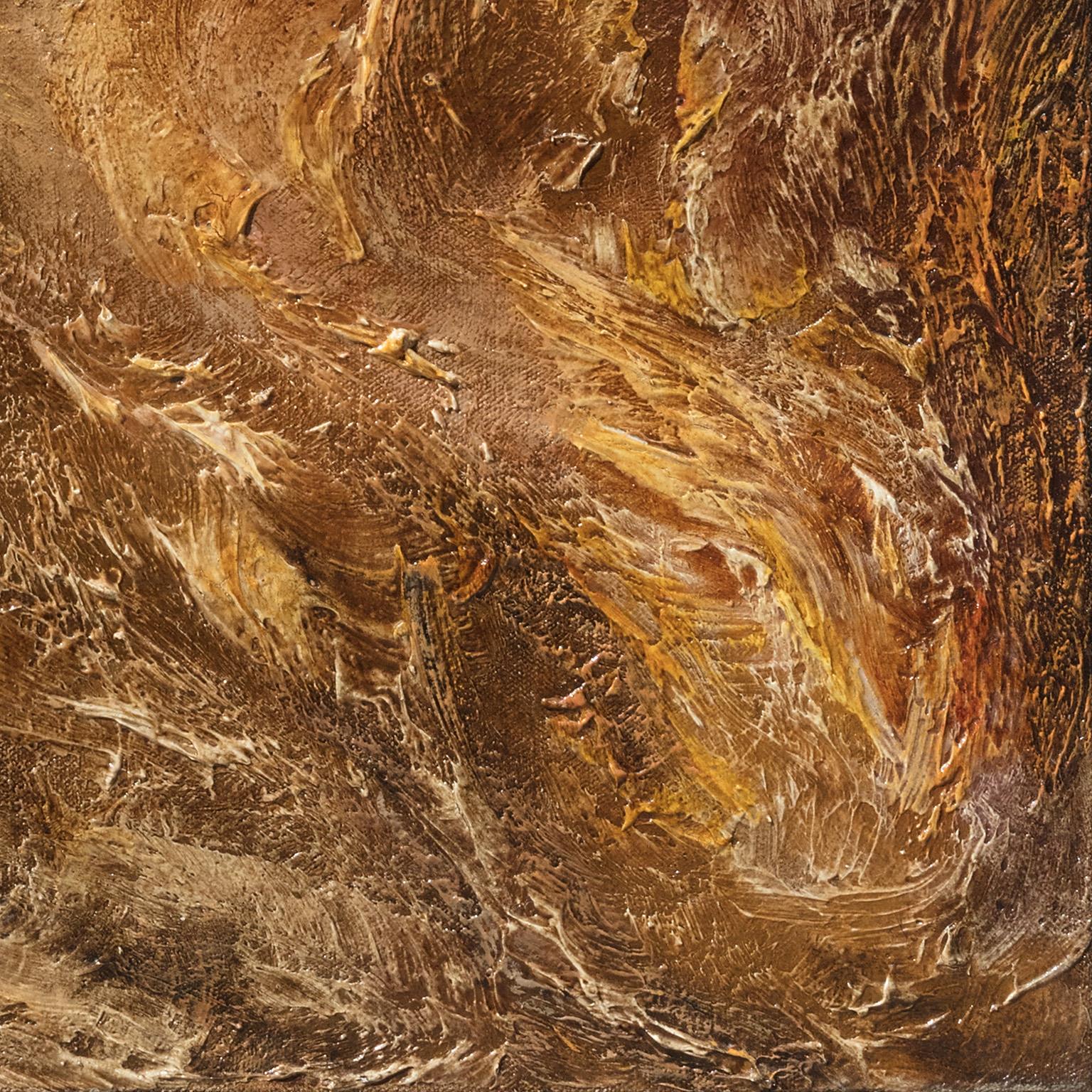 Nascita della luce - Pittura ad olio gestuale astratta con colori arancioni e gialli in vendita 3