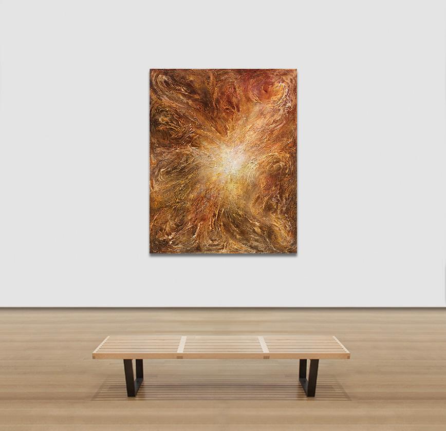 Nascita della luce - Pittura ad olio gestuale astratta con colori arancioni e gialli in vendita 4
