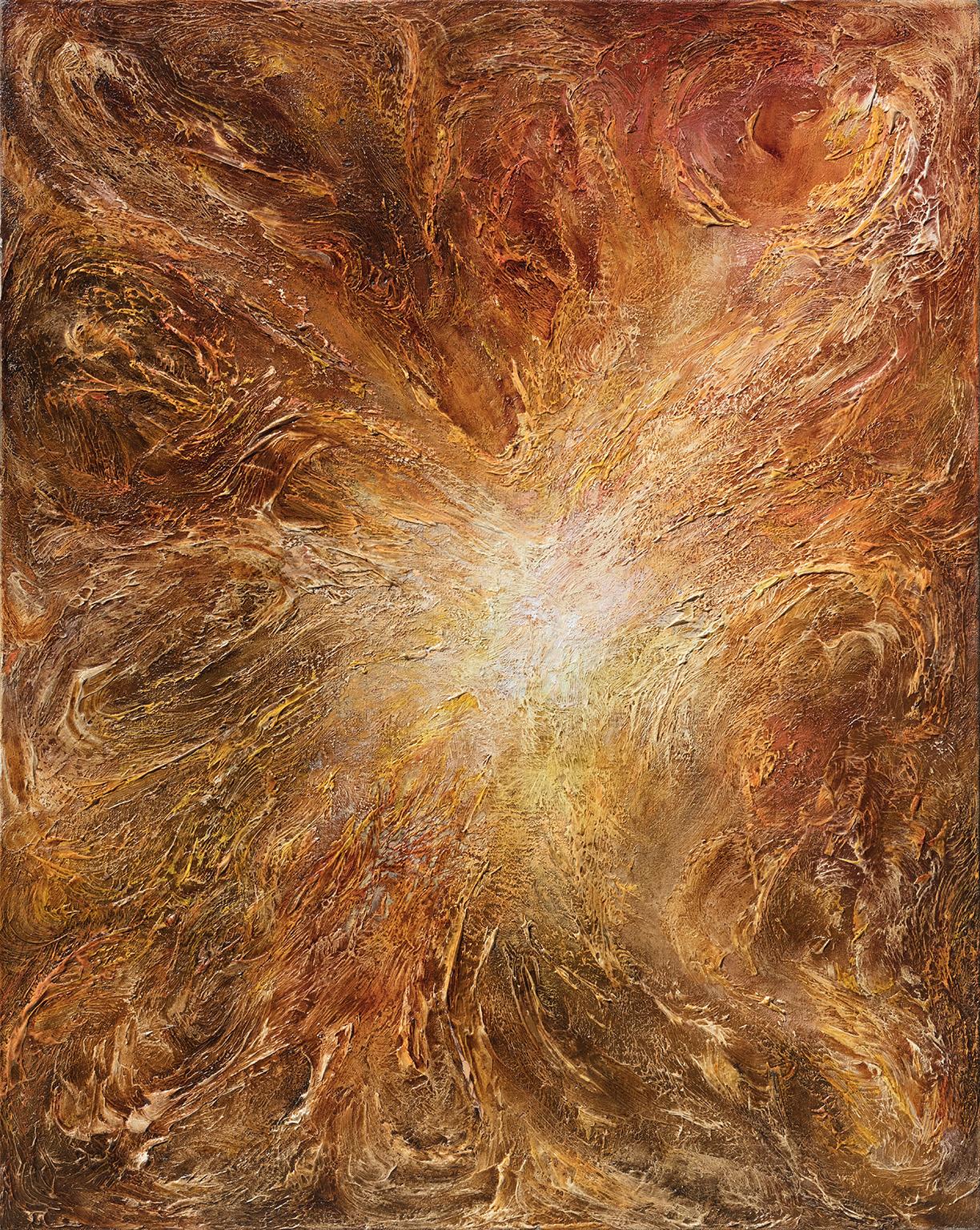 Ruggero Vanni Landscape Painting - Birth of Light - Abstract Gestural Oil Painting with Orange and Yellow Colors