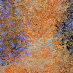 Pintura abstracta «Conflictus», con texturas en morado y naranja, a gran escala