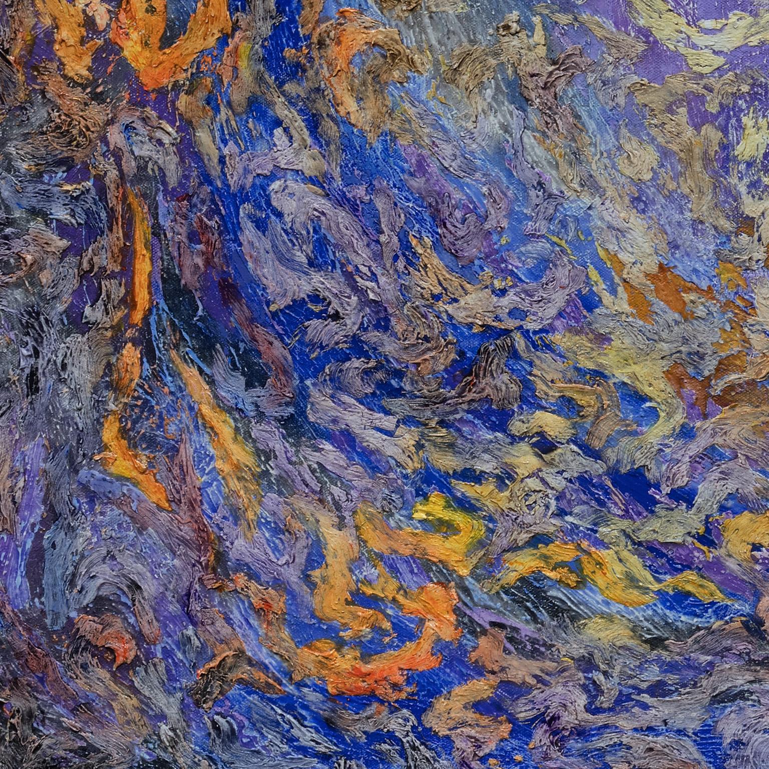 Konflikte – Abstraktes expressionistisches Gemälde mit lila und orangefarbenen Farben im Angebot 1