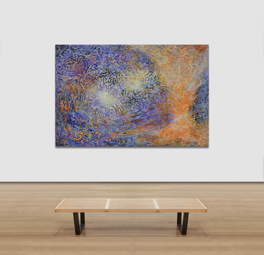 Konflikte – Abstraktes expressionistisches Gemälde mit lila und orangefarbenen Farben im Angebot 2