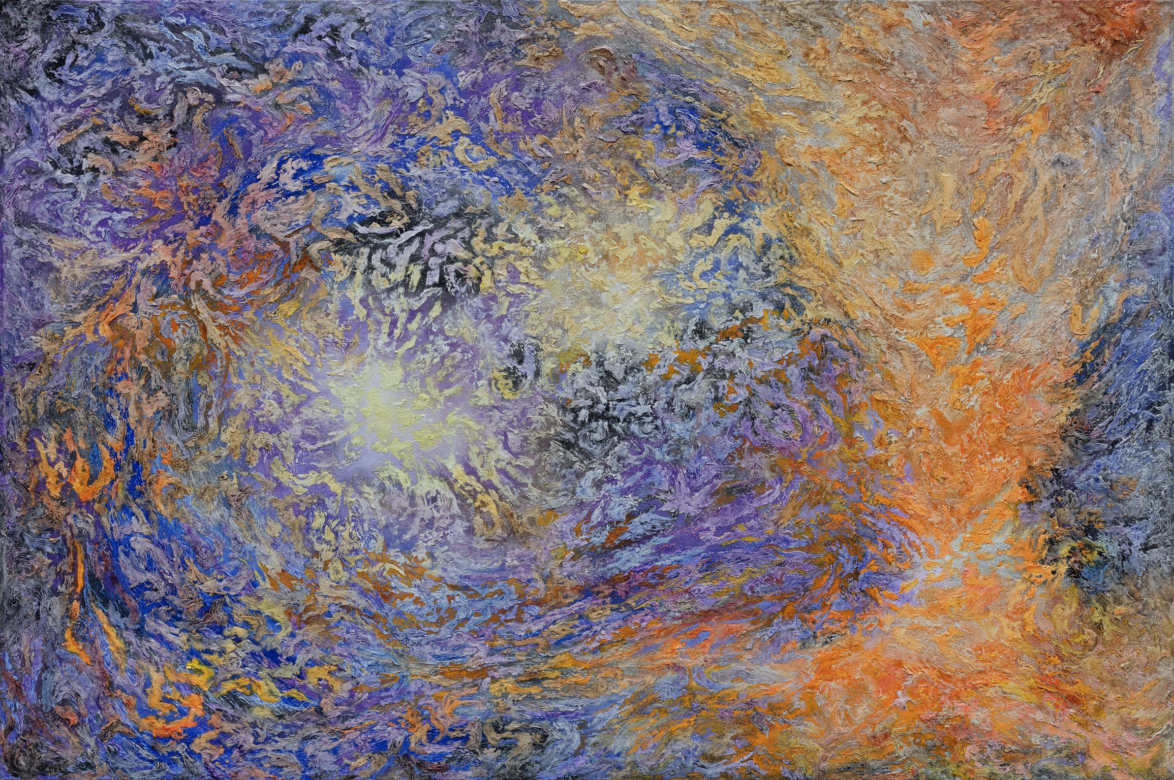 Ruggero Vanni Landscape Painting – Konflikte – Abstraktes expressionistisches Gemälde mit lila und orangefarbenen Farben
