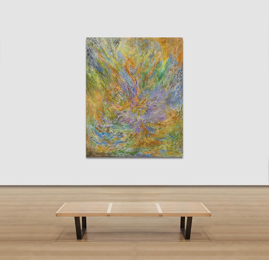 Giardino incantato - Pittura espressionista astratta, verde, viola e arancione 1