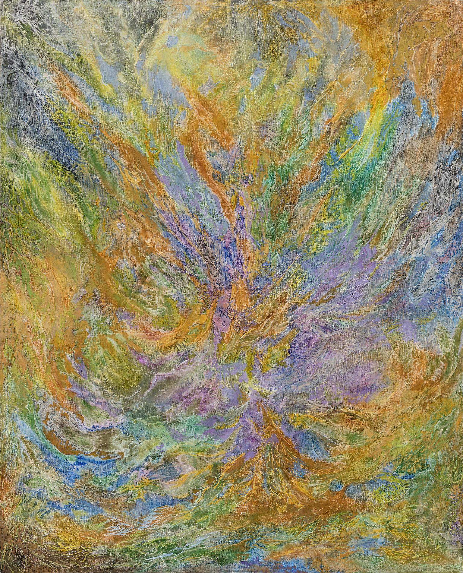 Ruggero Vanni Abstract Painting - Enchanted Garden - Abstract Expressionist Painting, Green, Purple and Orange