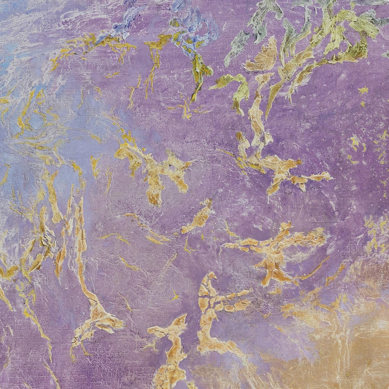 Galleggiante nello spazio - Pittura espressionista astratta, viola, blu, giallo - Painting di Ruggero Vanni