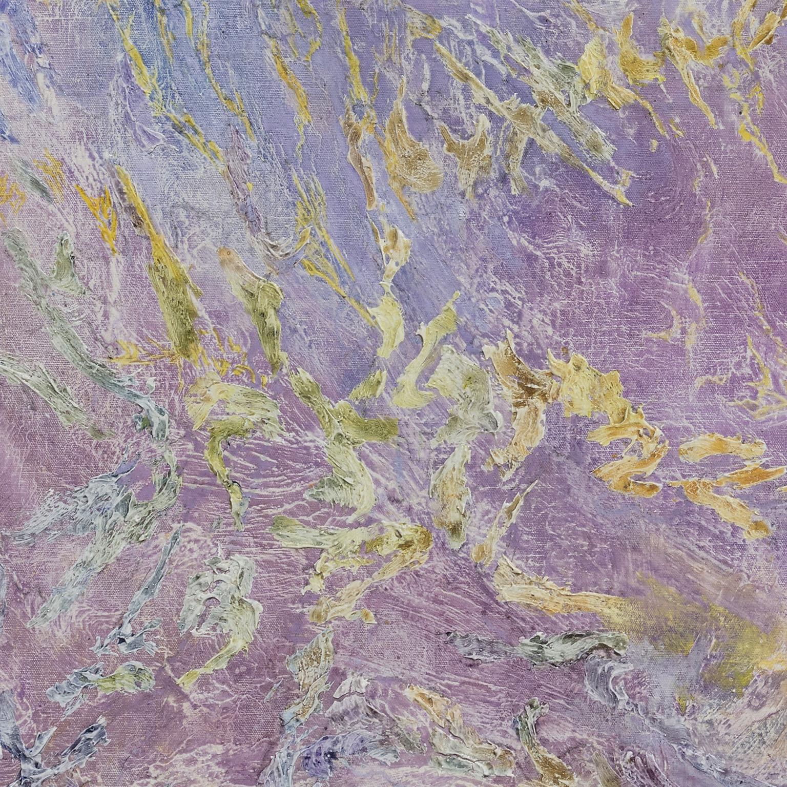 Galleggiante nello spazio - Pittura espressionista astratta, viola, blu, giallo - Abstract Painting Grigio di Ruggero Vanni