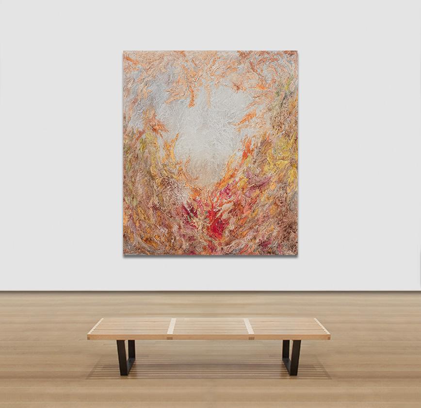 Von Matter bis Energie - Abstraktes expressionistisches Gemälde mit pastellfarbenen warmen Farben im Angebot 5