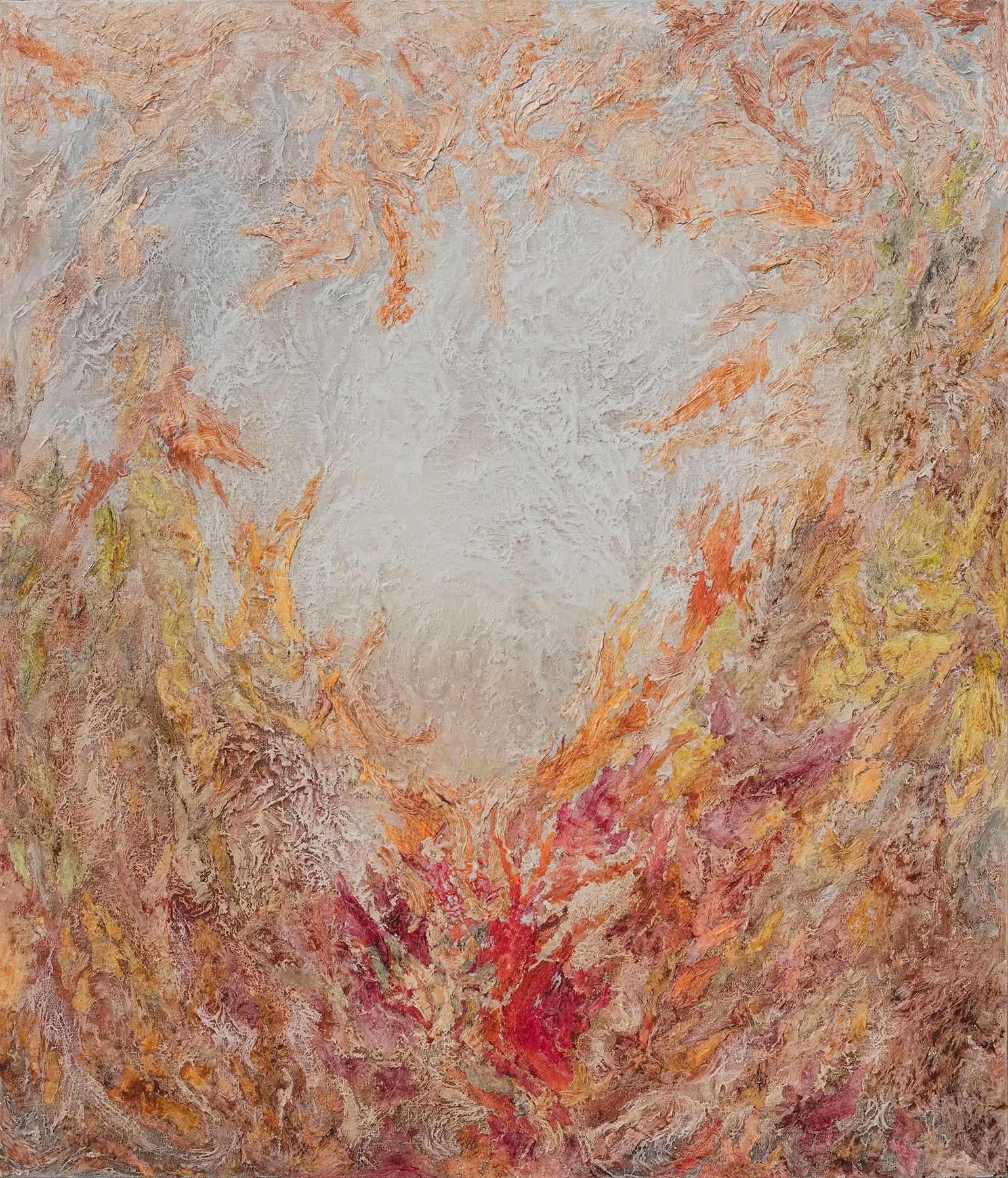 Ruggero Vanni Landscape Painting – Von Matter bis Energie - Abstraktes expressionistisches Gemälde mit pastellfarbenen warmen Farben