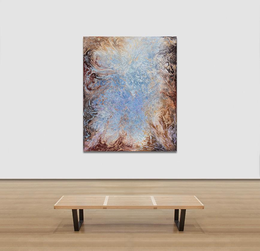 Into the Light - Pittura astratta espressionista, olio su tela, cielo blu 3