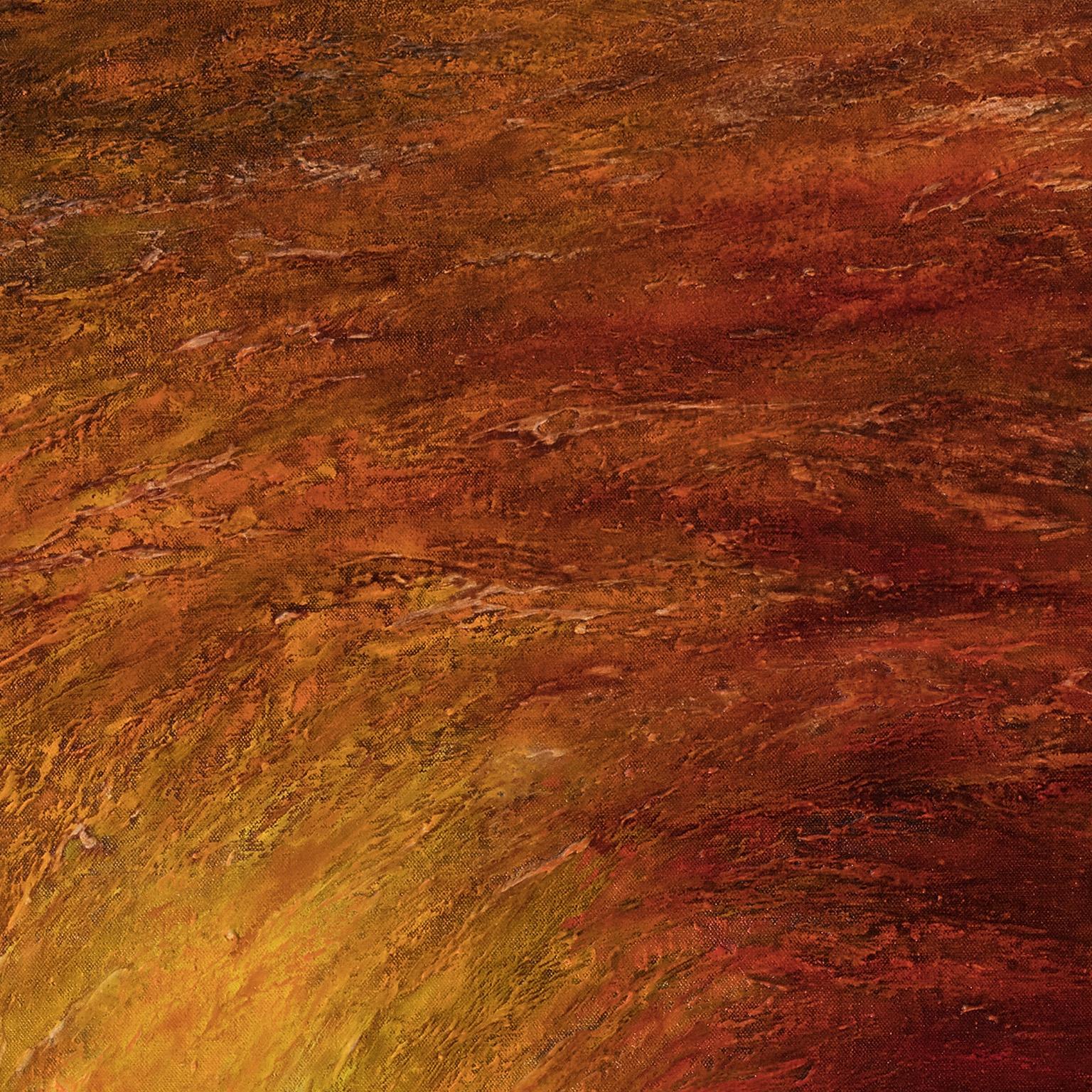 Ruggero Vanni's Occasus (Sunset or West in Latin) is a 52 x 78.5 inch abstract gestural oil painting. It is an abstract landscape of colors and light, a whirlwind of intense shades of reds and yellow. The vibrant and intense display of red and