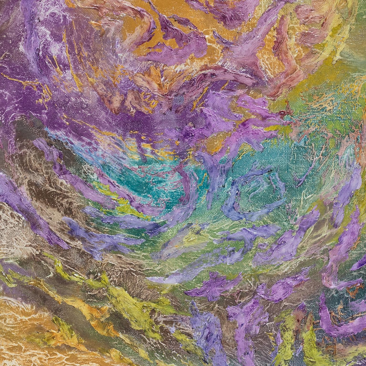 Lotta tra colore e materia - Pittura espressionista astratta, viola, giallo - Painting di Ruggero Vanni