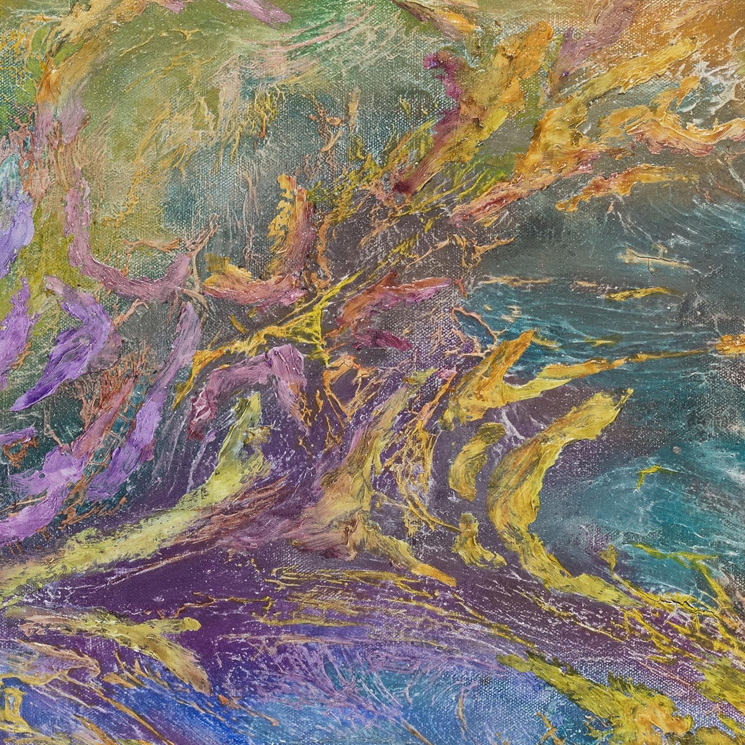 Lotta tra colore e materia - Pittura espressionista astratta, viola, giallo - Landscape Painting Giallo di Ruggero Vanni