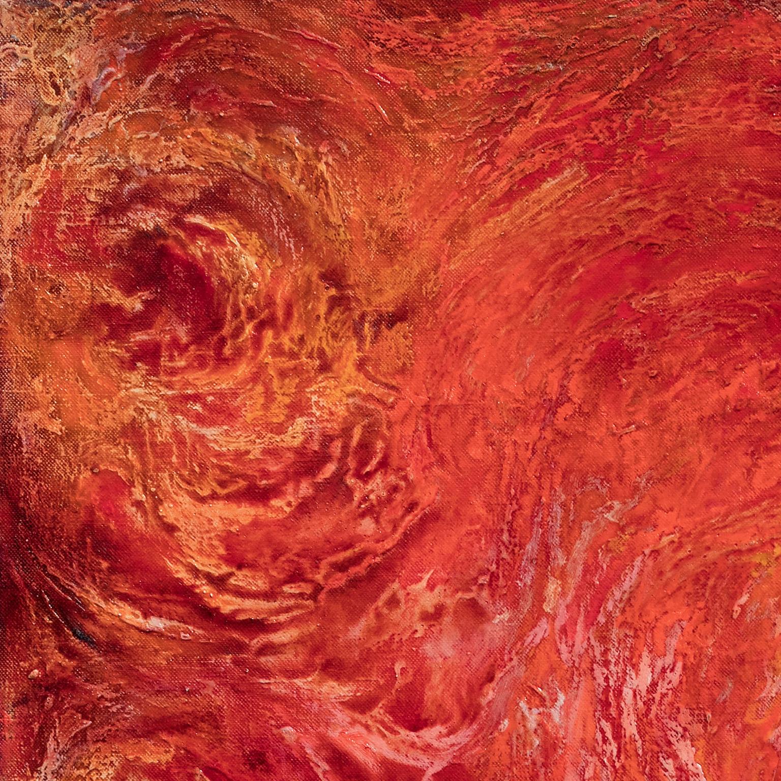 Summer Swirls de Ruggero Vanni est une peinture à l'huile abstraite et gestuelle de 64 x 52 pouces. Les couleurs principales sont le rouge et l'orange. L'artiste alterne de grands coups de pinceau très gestuels et instinctifs, avec des interventions