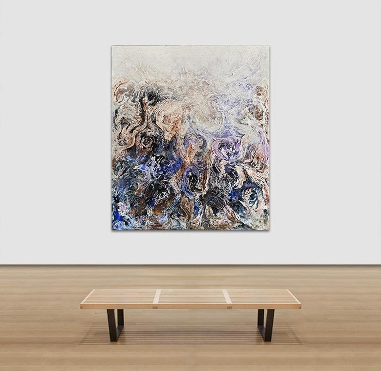 Tempestatis - Blue and White Large Abstract Painting with Plaster High Relief For Sale 7