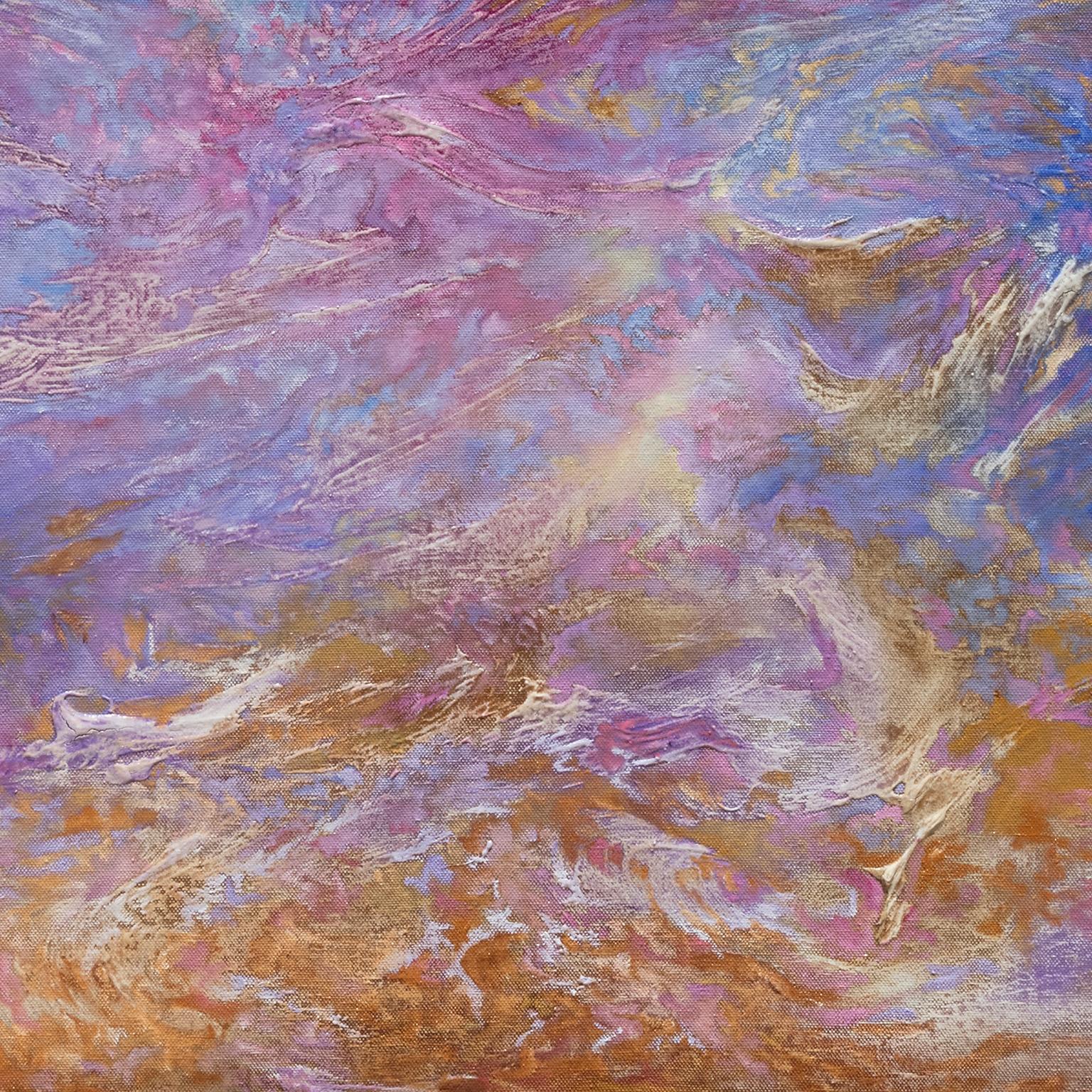 Ruggero Vanni's Ver Vernat (Spring Swirls) is a 62 x 84-inch abstract gestural oil painting. It is an abstract landscape of vigorous brushstrokes and light, with a  luminous central focus. The primary colors are purple and blue. There are explicit