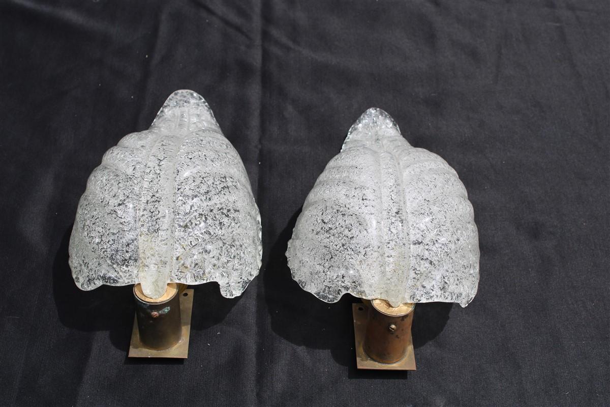 Ruggiadoso Barovier pair of sconces 1950s leaves brass Murano glass.