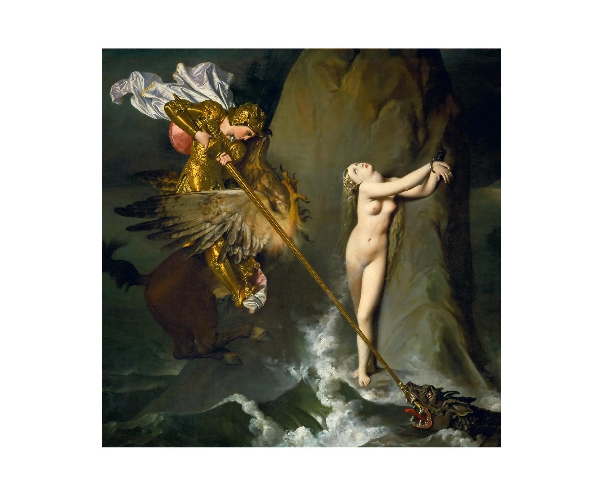 French Ruggiero Rescuing Angelica, after Neoclassical Oil Painting by Jean Ingres For Sale
