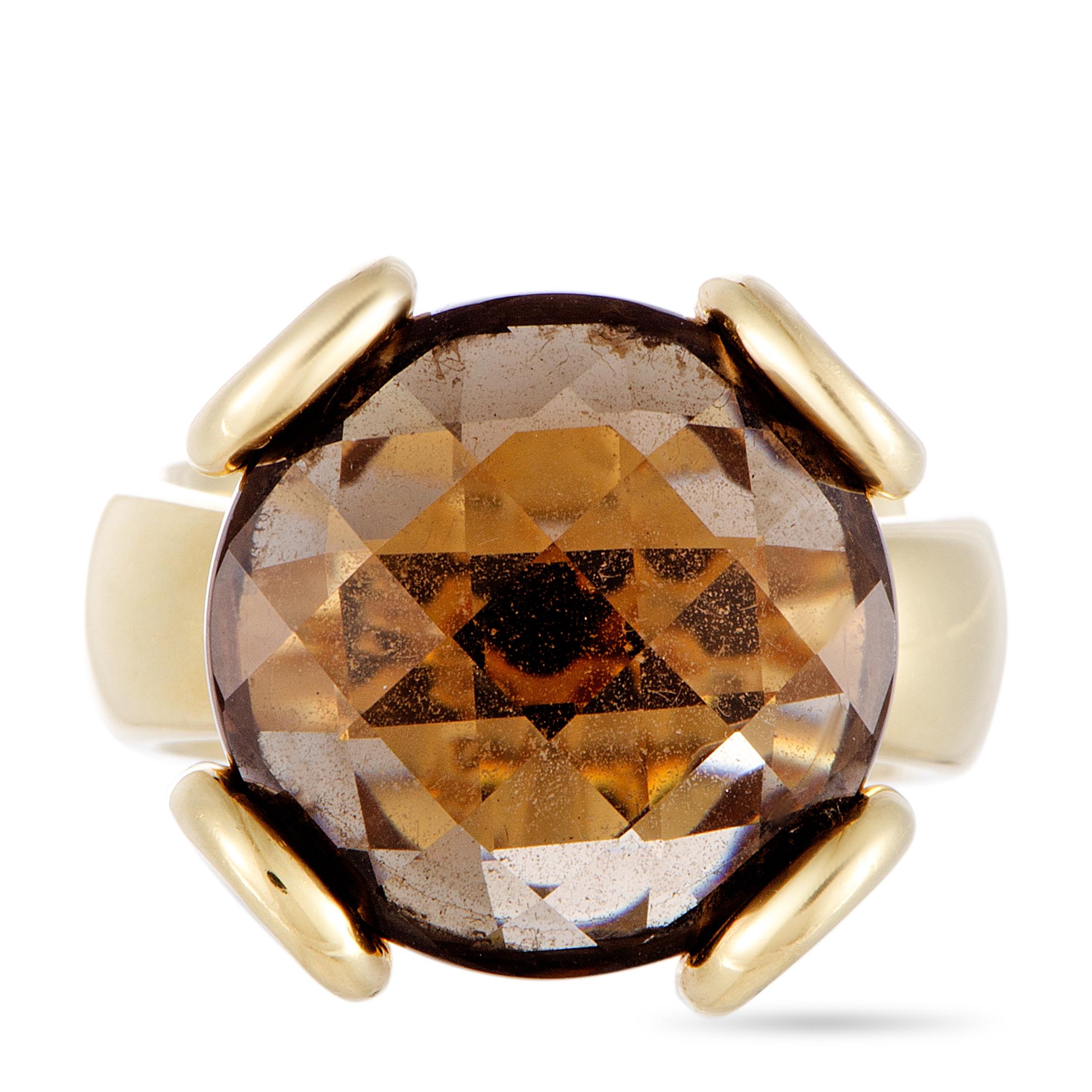 Round Cut Rugiada 18 Karat Yellow Gold Smoky Round Topaz Ring For Sale