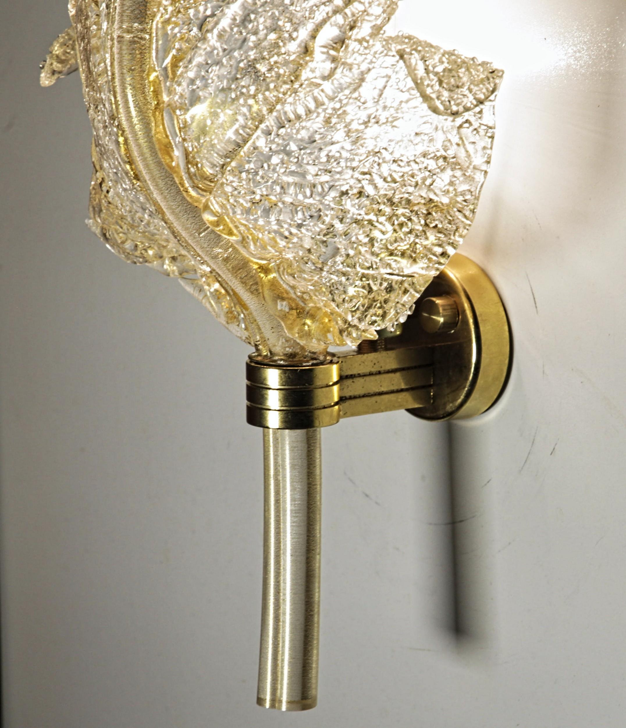 Barovier & Toso, Pair of Sconces Gold leaf, Rugiadoso Murano Glass, rigadin stem 3