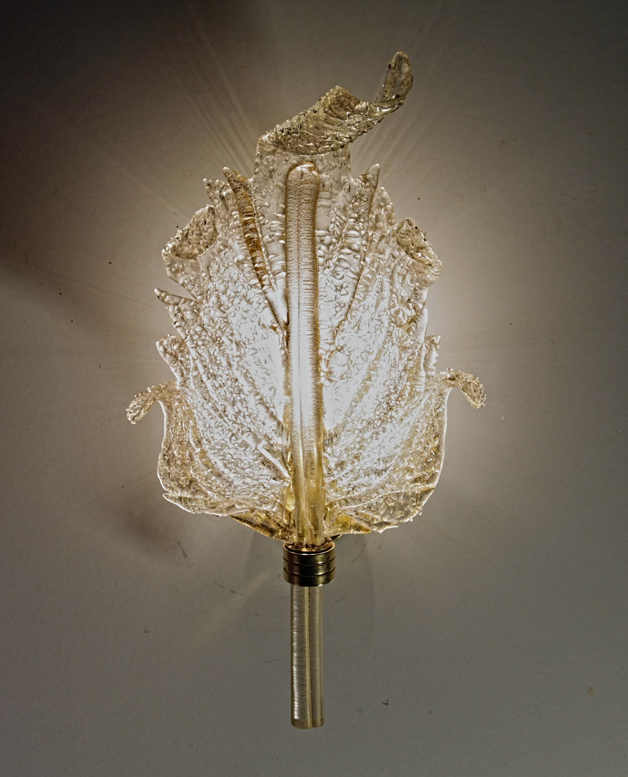 Barovier & Toso, Pair of Sconces Gold leaf, Rugiadoso Murano Glass, rigadin stem 4