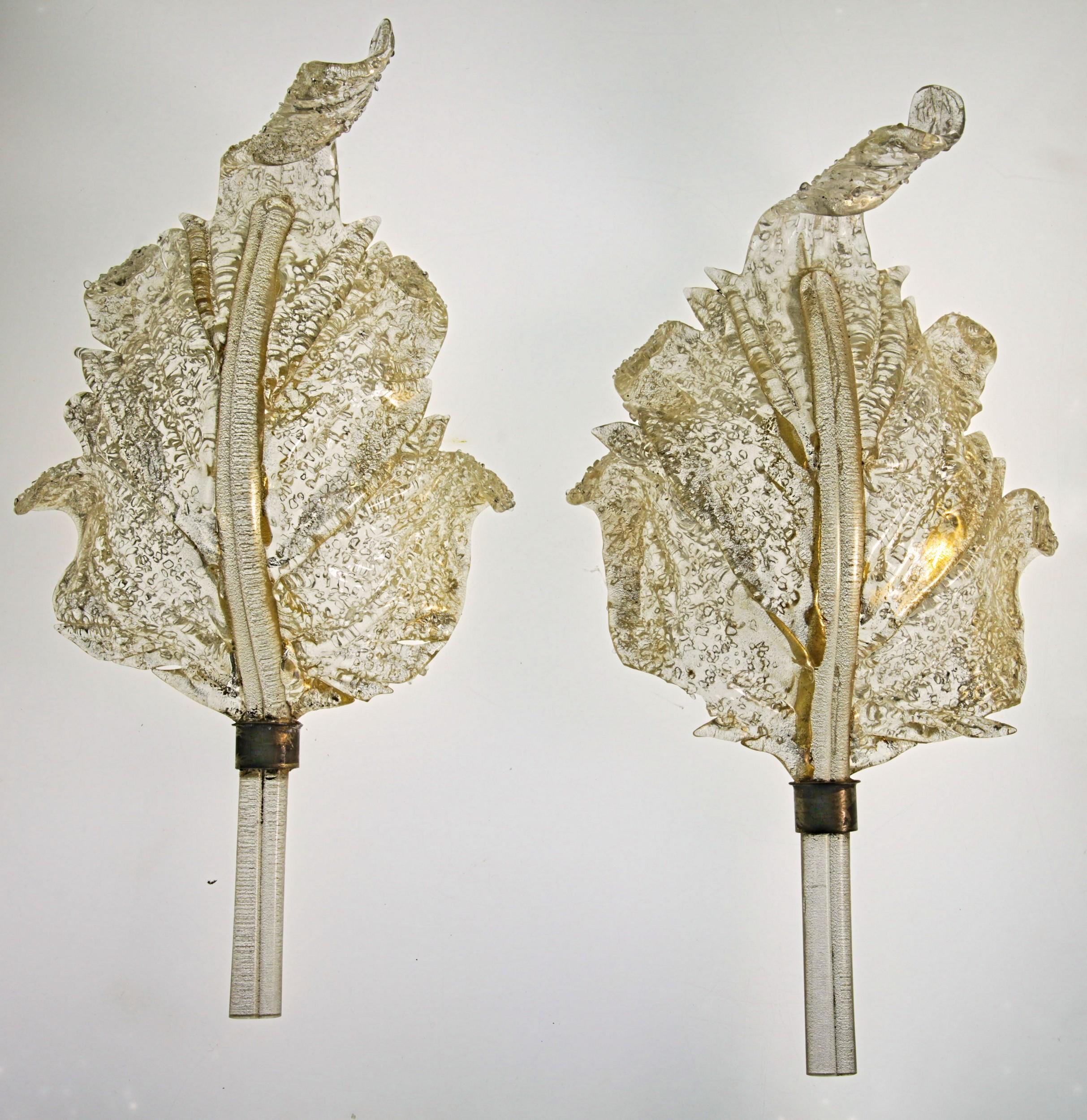 Barovier & Toso, Pair of Sconces Gold leaf, Rugiadoso Murano Glass, rigadin stem 6