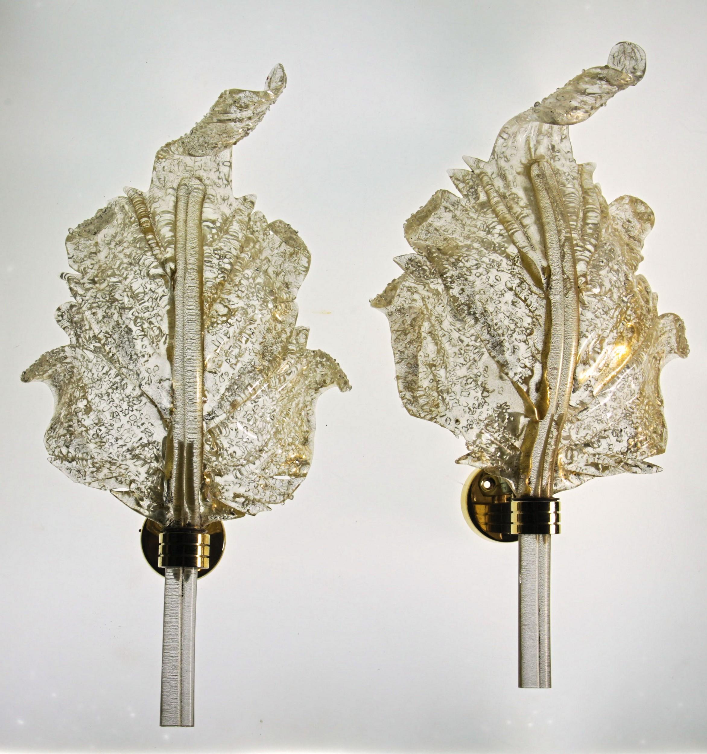 Barovier & Toso, Pair of Sconces Gold leaf, Rugiadoso Murano Glass, rigadin stem 8