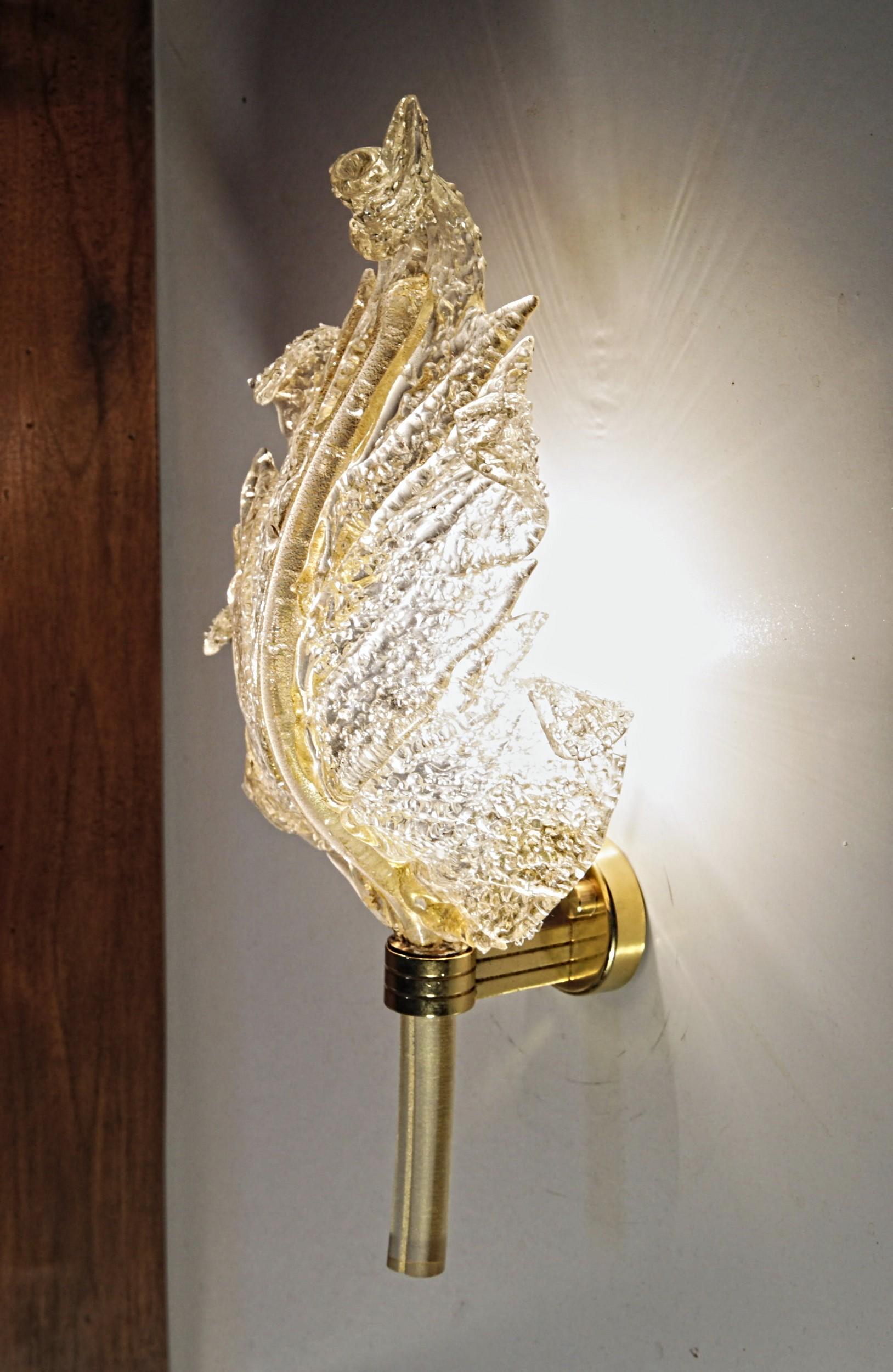 Barovier & Toso, Pair of Sconces Gold leaf, Rugiadoso Murano Glass, rigadin stem 9