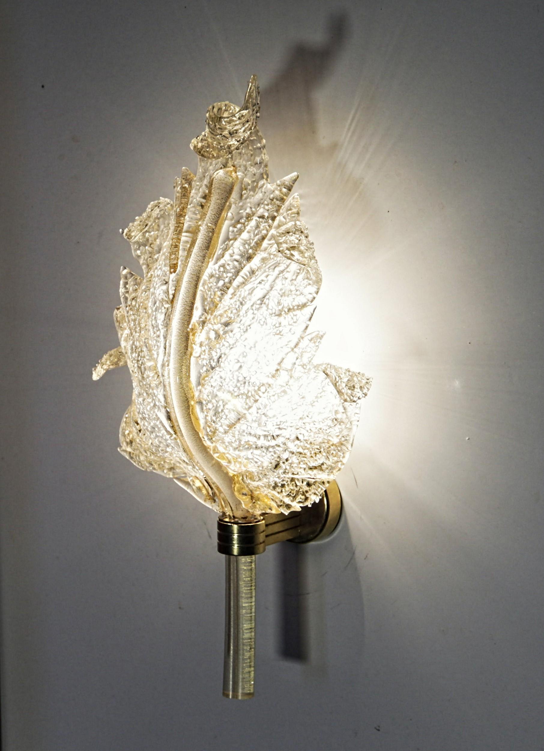 Barovier & Toso, Pair of Sconces Gold leaf, Rugiadoso Murano Glass, rigadin stem 10