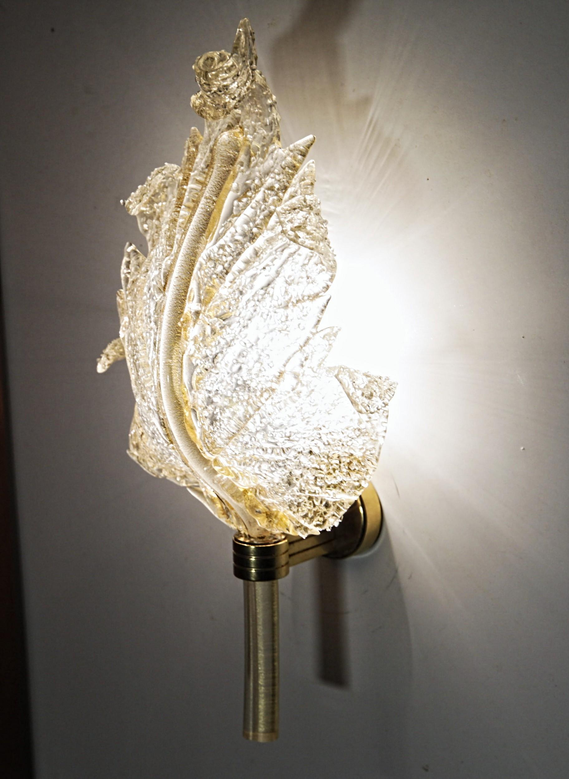 Barovier & Toso, Pair of Sconces Gold leaf, Rugiadoso Murano Glass, rigadin stem 11
