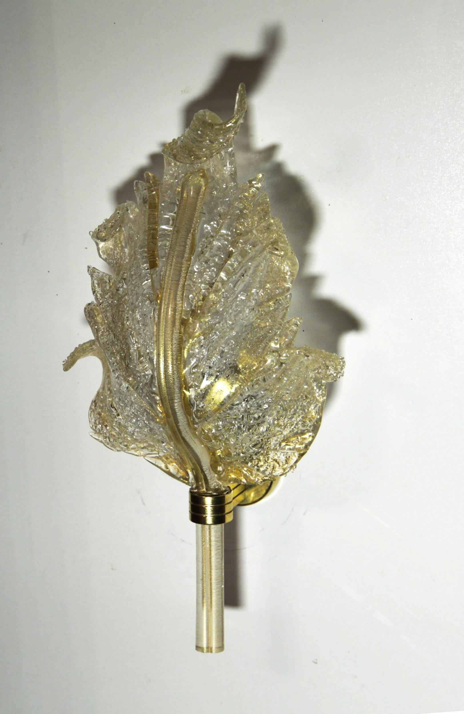 Barovier & Toso, Pair of Sconces Gold leaf, Rugiadoso Murano Glass, rigadin stem 13