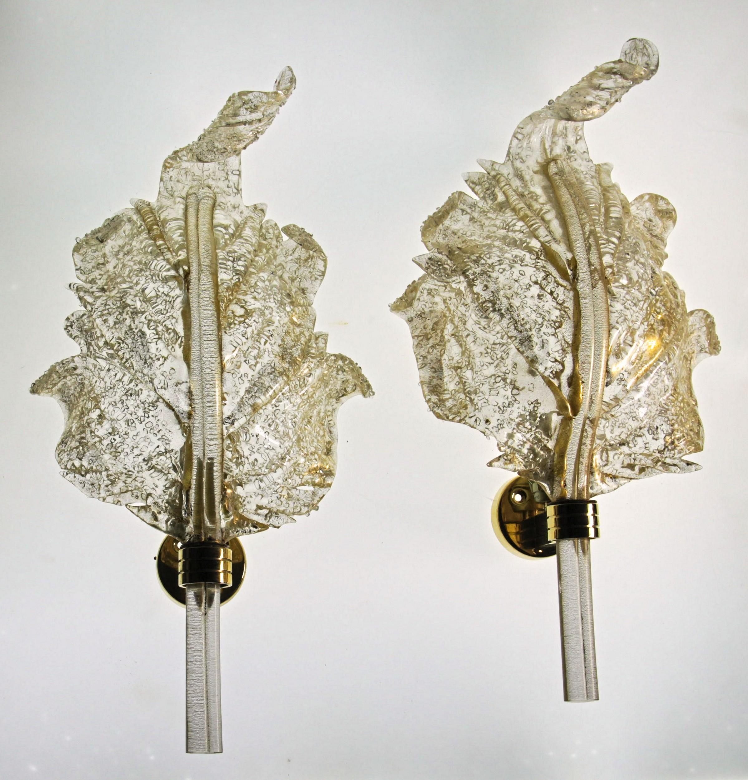 Mid-Century Modern Barovier & Toso, Pair of Sconces Gold leaf, Rugiadoso Murano Glass, rigadin stem