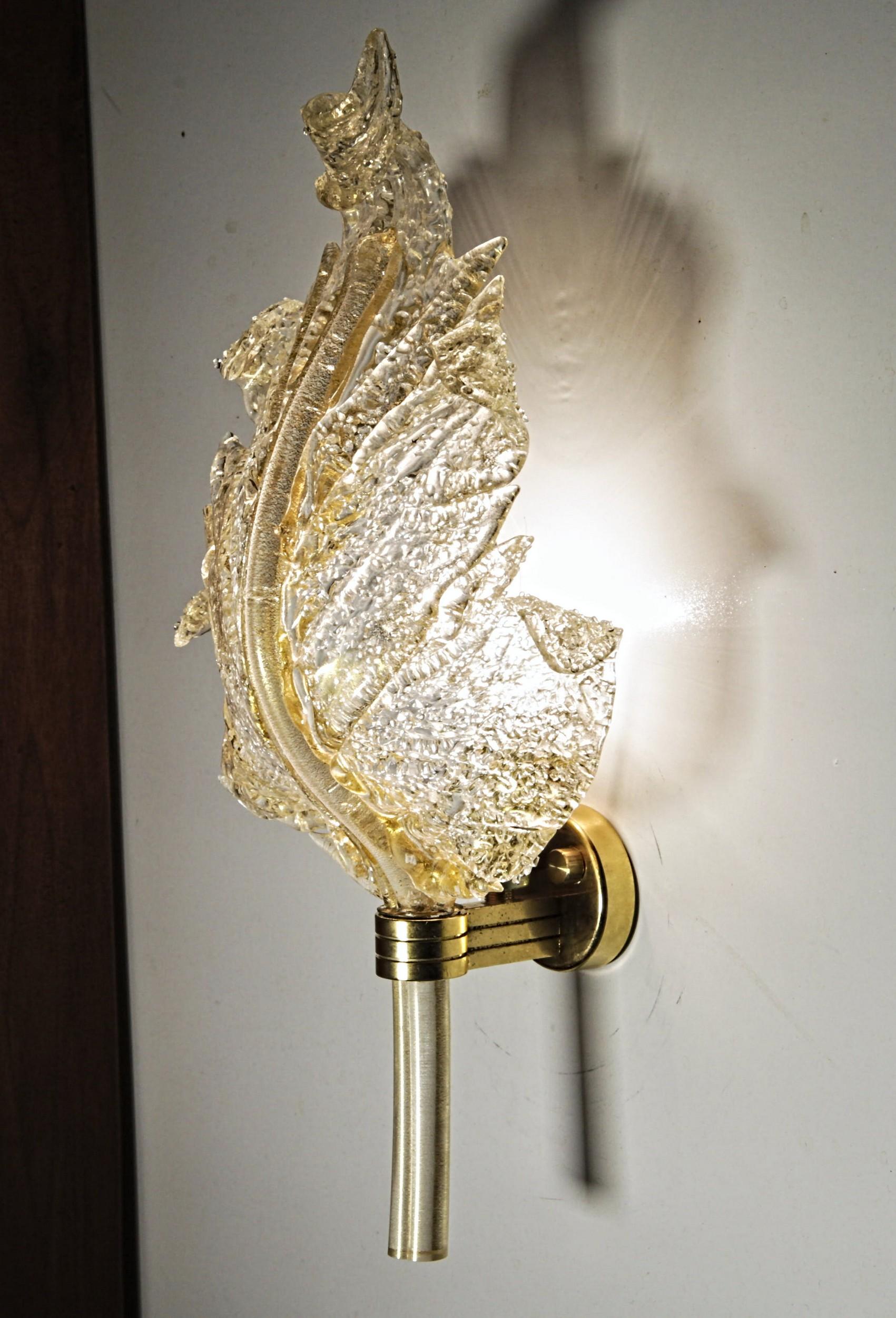 Italian Barovier & Toso, Pair of Sconces Gold leaf, Rugiadoso Murano Glass, rigadin stem