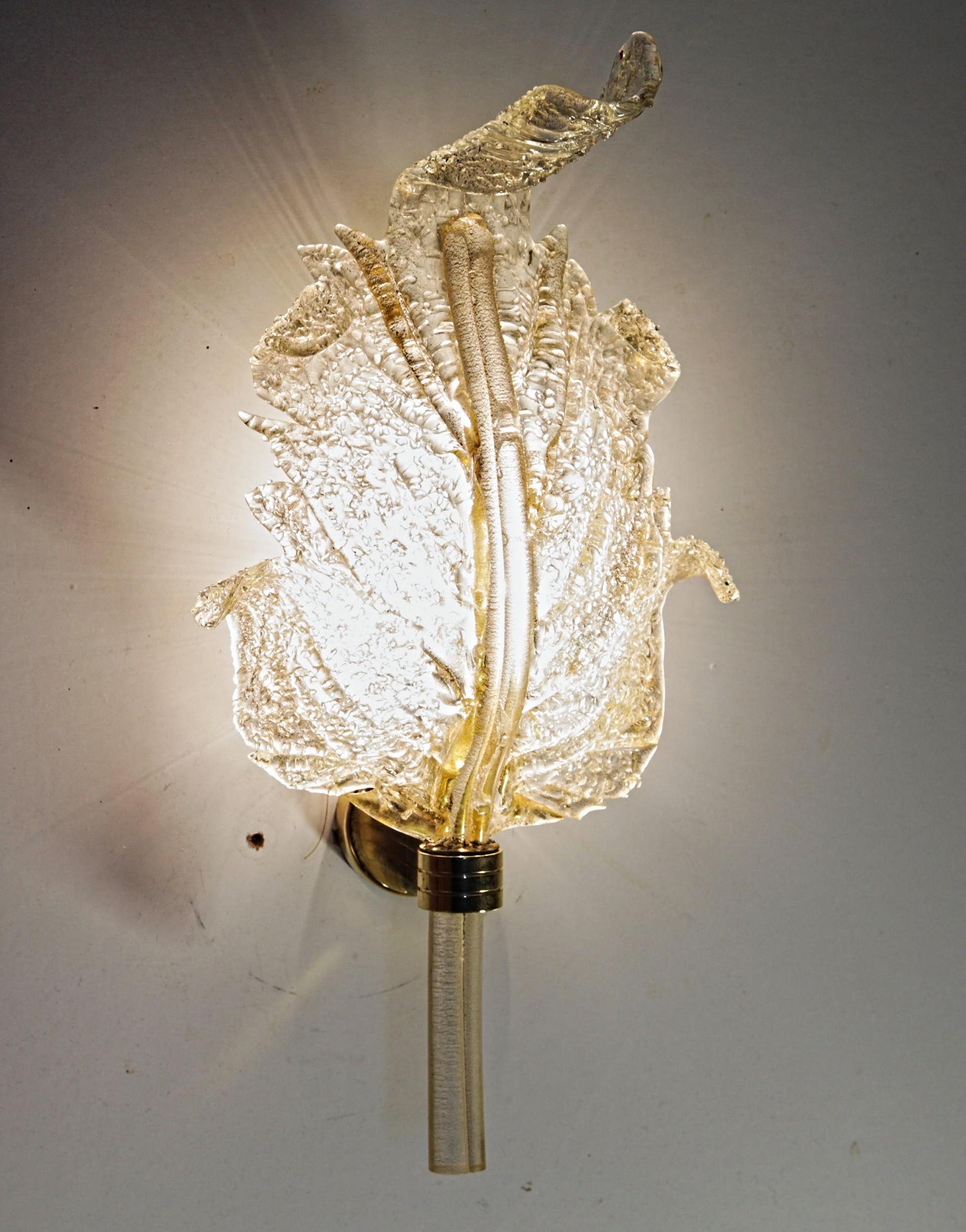 20th Century Barovier & Toso, Pair of Sconces Gold leaf, Rugiadoso Murano Glass, rigadin stem