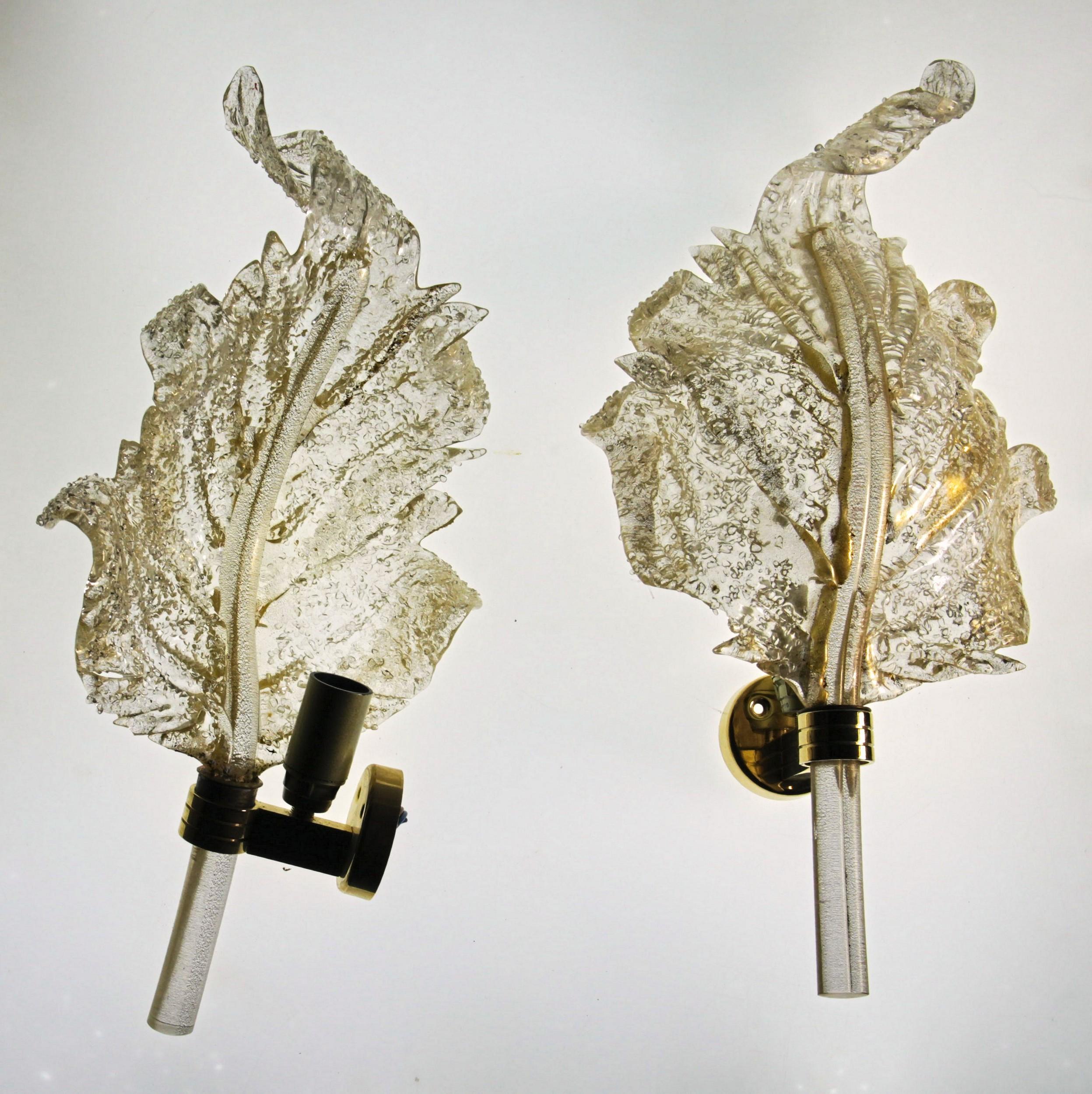 Art Glass Barovier & Toso, Pair of Sconces Gold leaf, Rugiadoso Murano Glass, rigadin stem