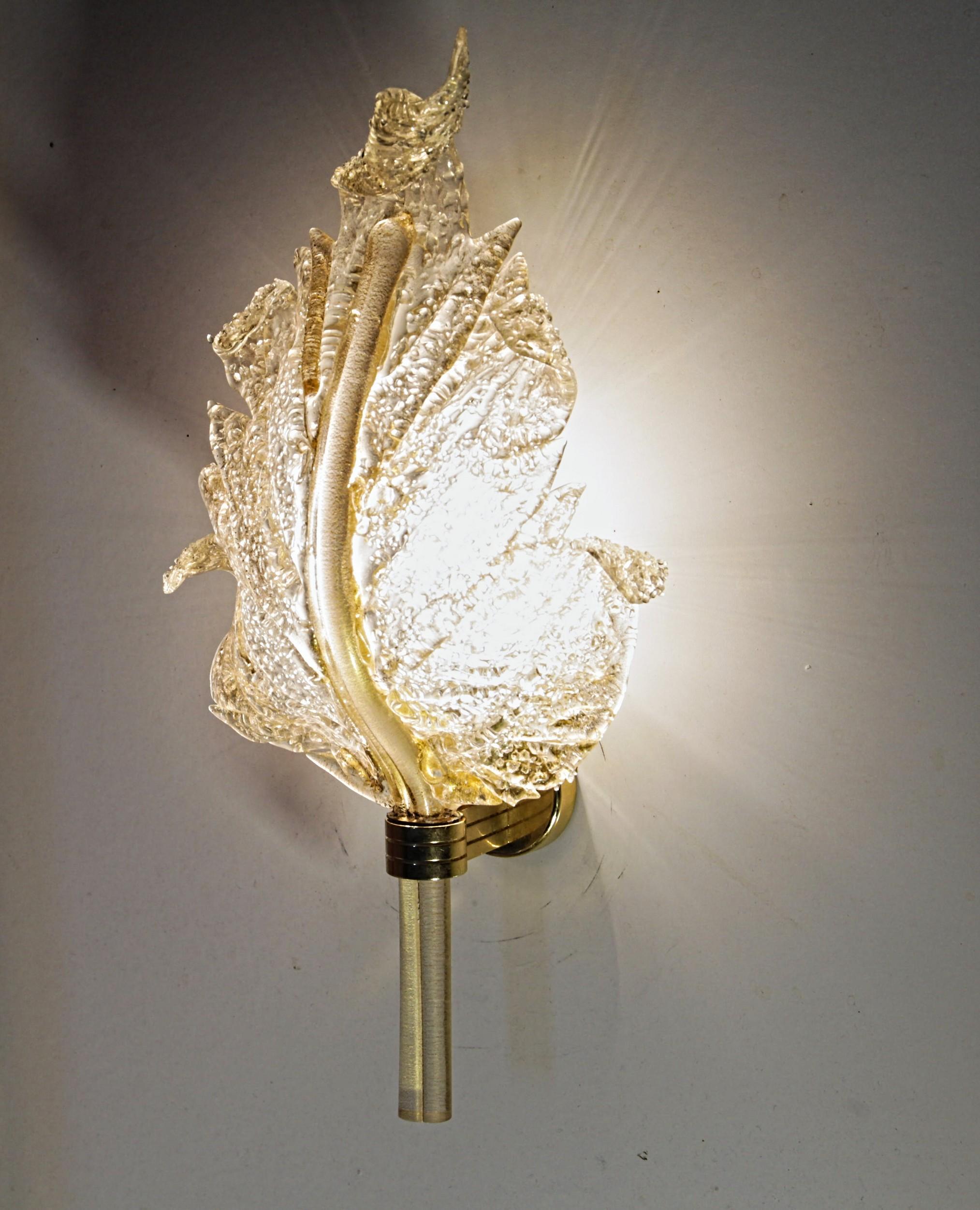 Barovier & Toso, Pair of Sconces Gold leaf, Rugiadoso Murano Glass, rigadin stem 1