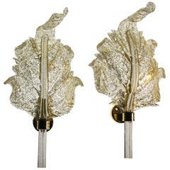 Barovier & Toso, Pair of Sconces Gold leaf, Rugiadoso Murano Glass, rigadin stem