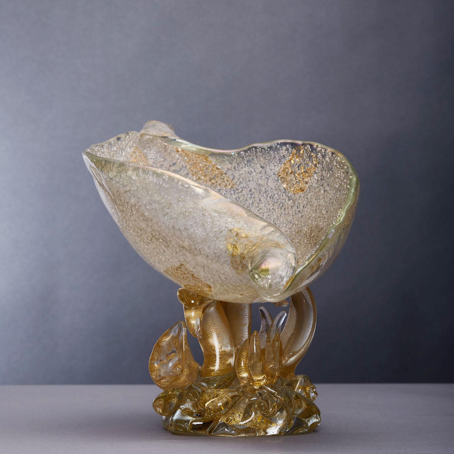 Rugiadoso biomorphic bowl of a shells resting on a pedestal of sea urchins designed circa 1940 by Ercole Barovier (1889-1974) and is produced one of the oldest family businesses in the world Barovier. In 1939 merged with the Toso family to become