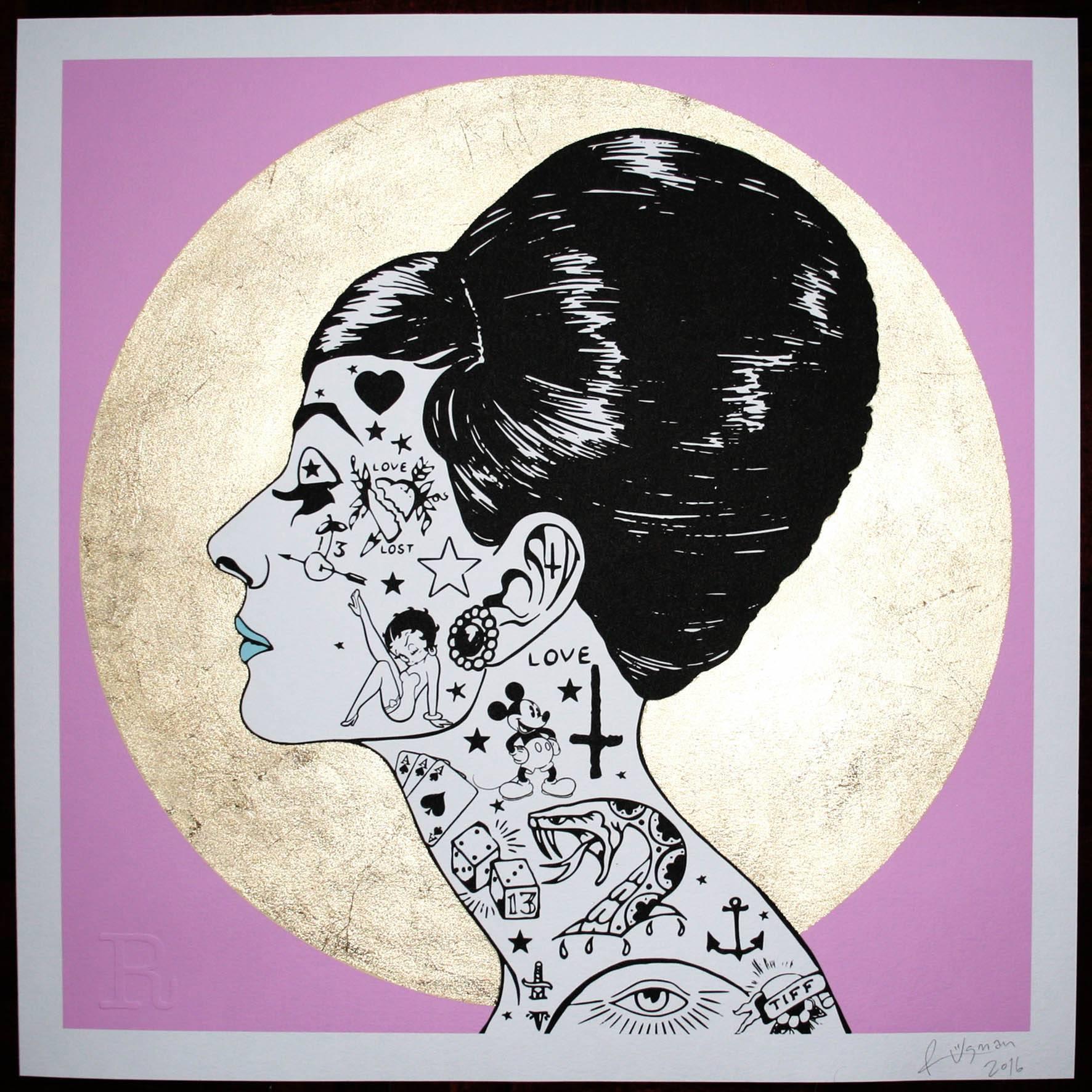 Audrey Profile Blue Limited Edition  - Gold Figurative Print by Rugman